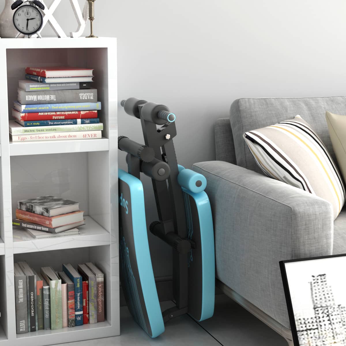 The image shows a living room with a couch, a bookshelf, and a blue robotic device. The bookshelf is filled with various books, and there is a clock on the wall. The couch is positioned in front of the bookshelf, and the robotic device is placed next to it. The scene appears to be a comfortable and cozy living space, with the books on the bookshelf providing entertainment and knowledge for the occupants.