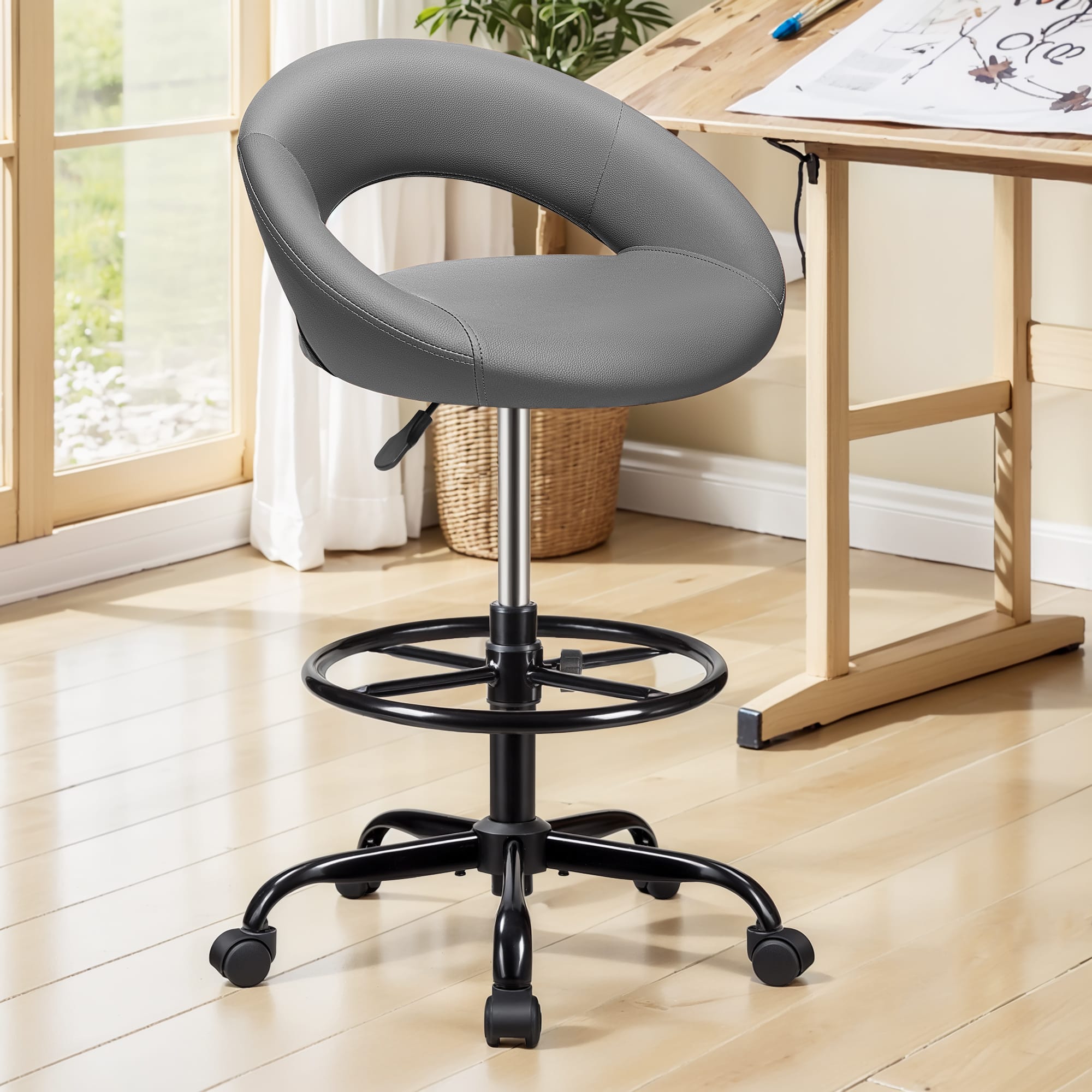Brick Attic - Drafting Chair with Back, Height Adjustable Rolling Stool with Foot Rest, Tall 360° Swivel Stool PU Leather Chair - Gray