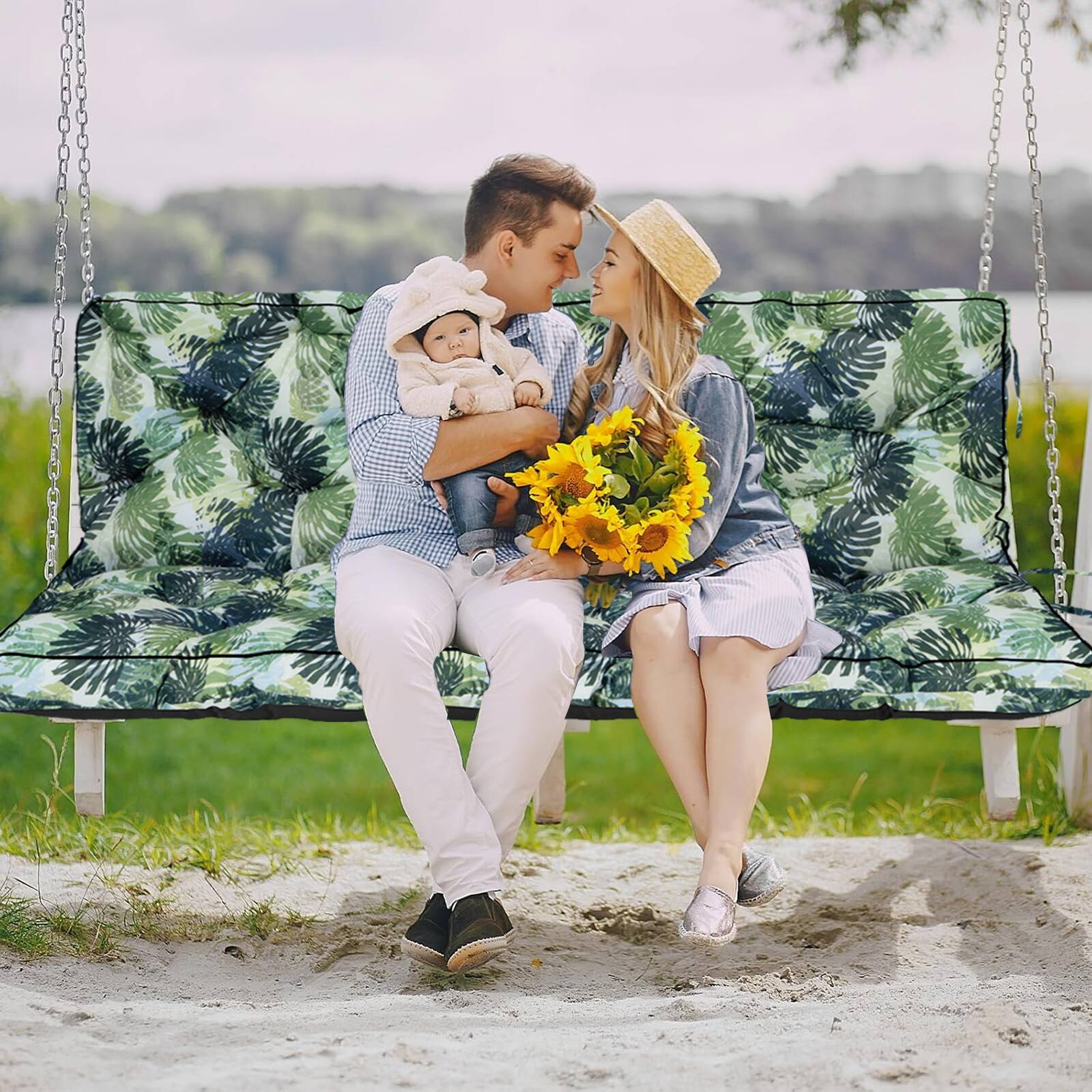 Alt View 1. Chateau Abodes - Outdoor Bench Cushion for 2-3 Seater Swing, Patio Sofa & Furniture - Waterproof Replacement Seat with Backrest - Palm.