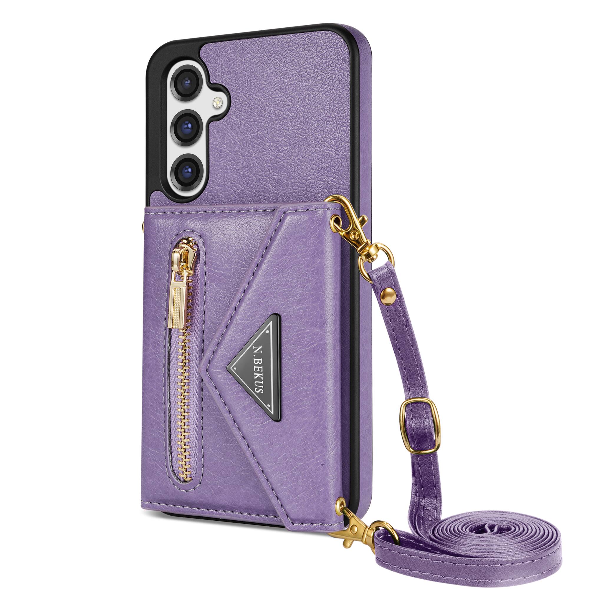 Alt View 7. Dteck - Crossbody Wallet Case for Samsung Galaxy S26+, Shockproof PU Leather Stand Cover with Zipper Pocket and Card Slots - Purple.