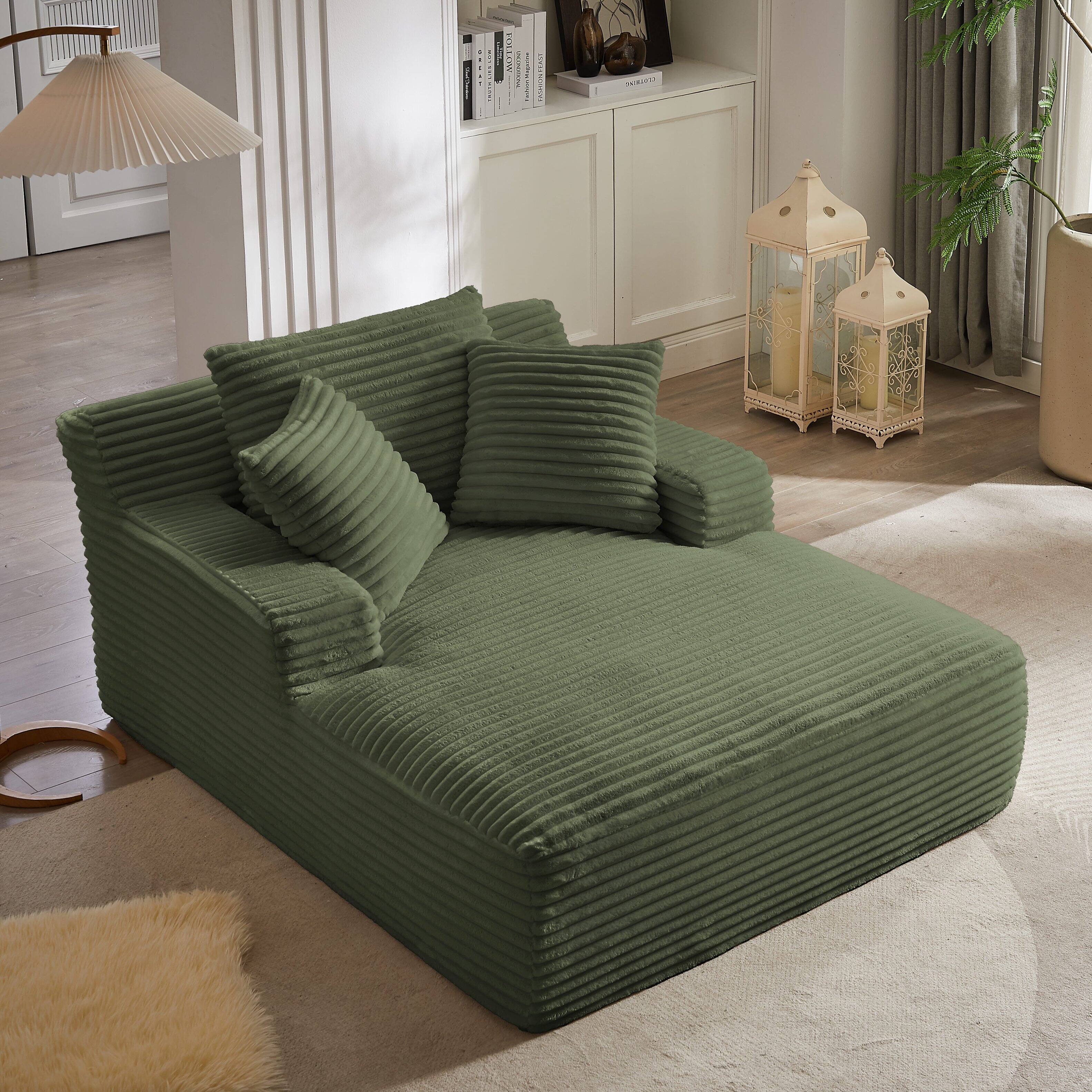 Back. Aukfa - Corduroy Sleeper Sofa & Lounge Chair - No Assembly, Deep Seat, Armrests, 2 Pillows | Upholstered Chaise, Indoor Comfort - Light Green.