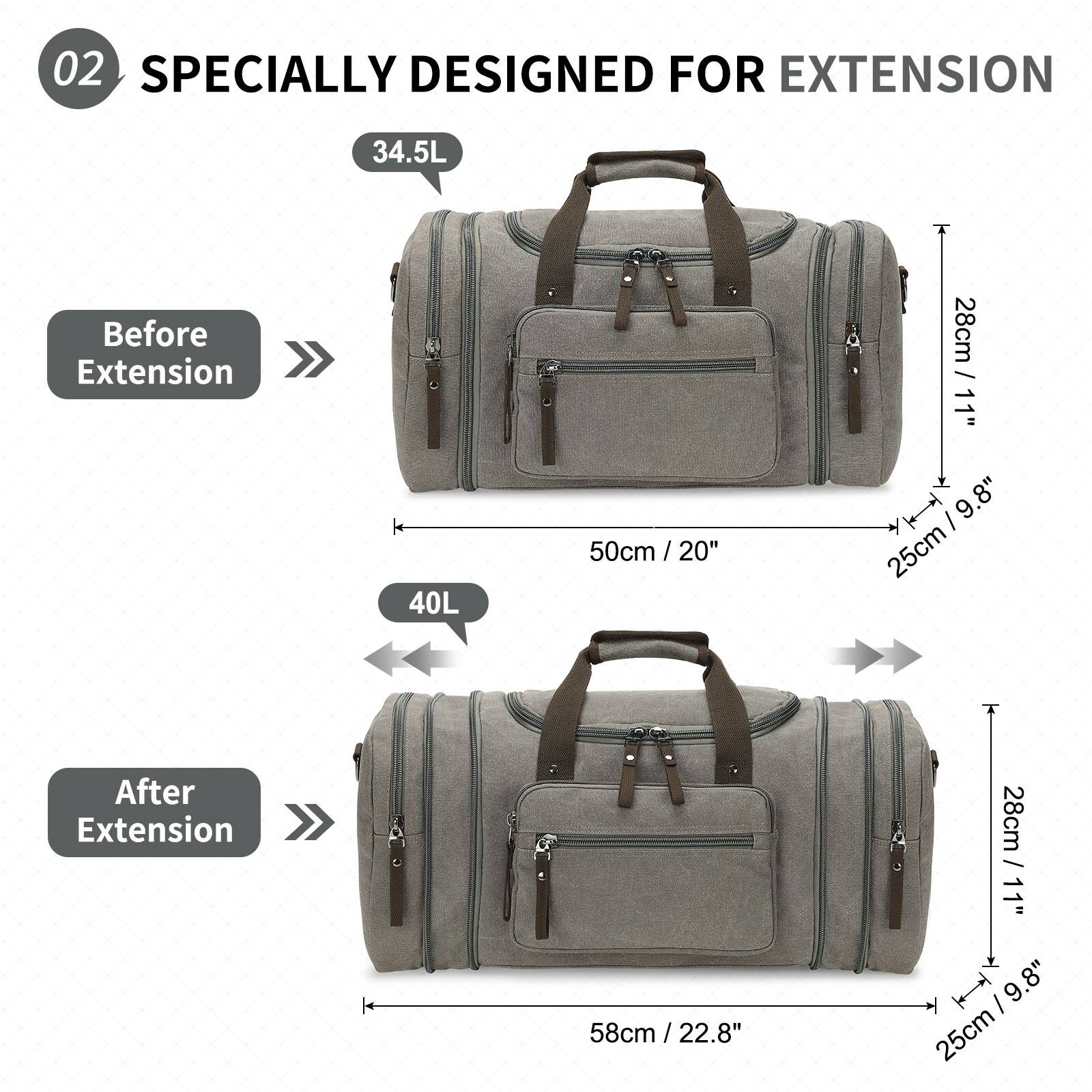 02 SPECIALLY DESIGNED FOR EXTENSION

Before Extension
34.5L
50cm / 20" / 20"
28cm / 11"
25cm / 9.8"

After Extension
40L
58cm / 22.8" / 28cm / 11"
25cm / 9.8"