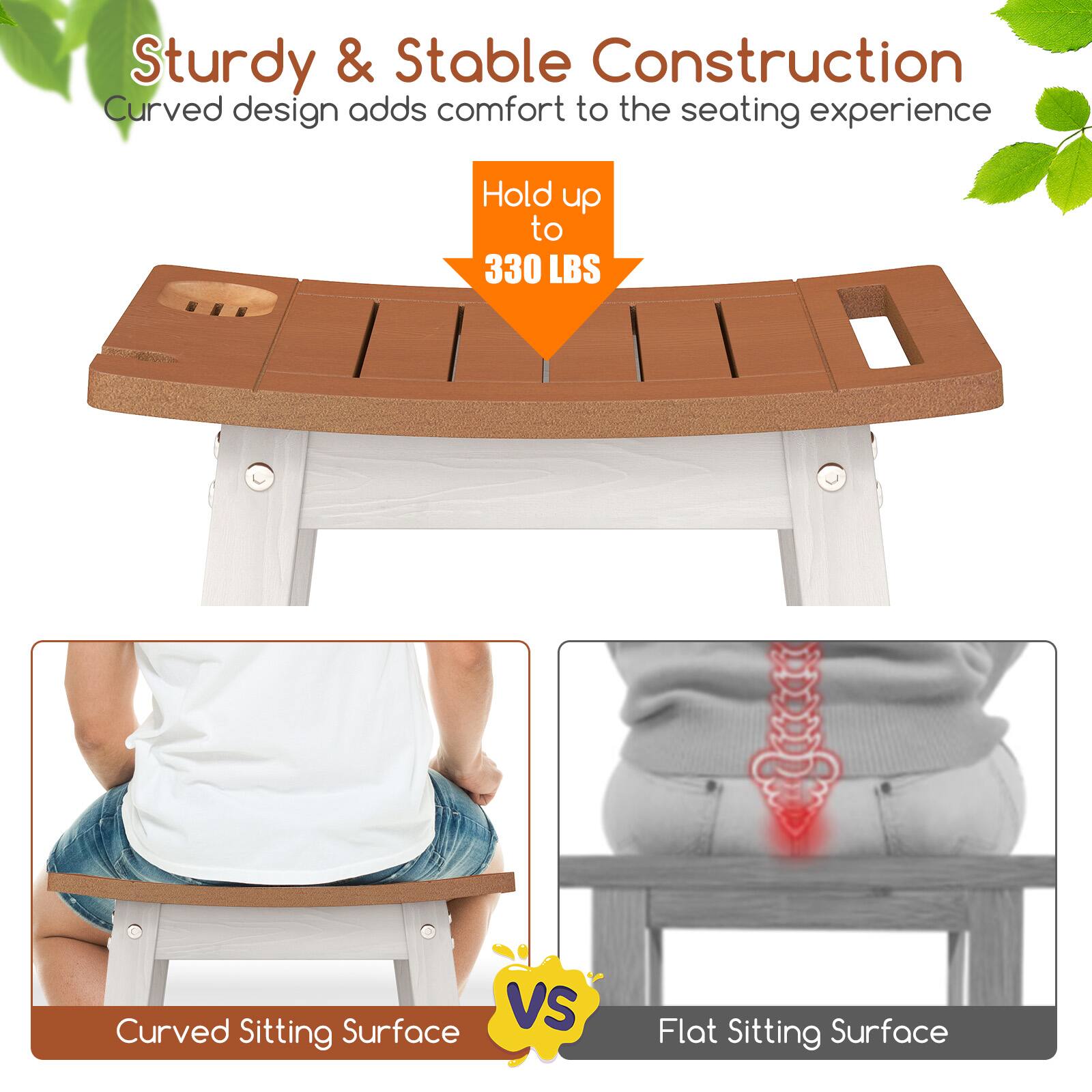 Sturdy & Stable Construction  
Curved design adds comfort to the seating experience  

Hold up to 330 LBS  

Curved Sitting Surface vs Flat Sitting Surface