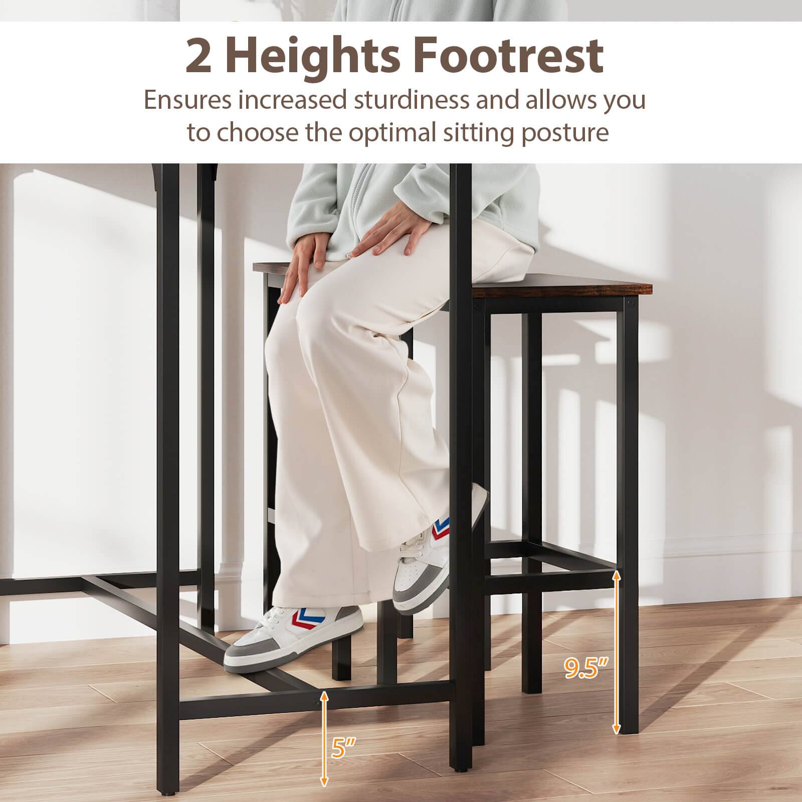 The text on the image reads: "2 Heights Footrest Ensures increased sturdiness and allows you to choose the optimal sitting posture 9.5" 5"."