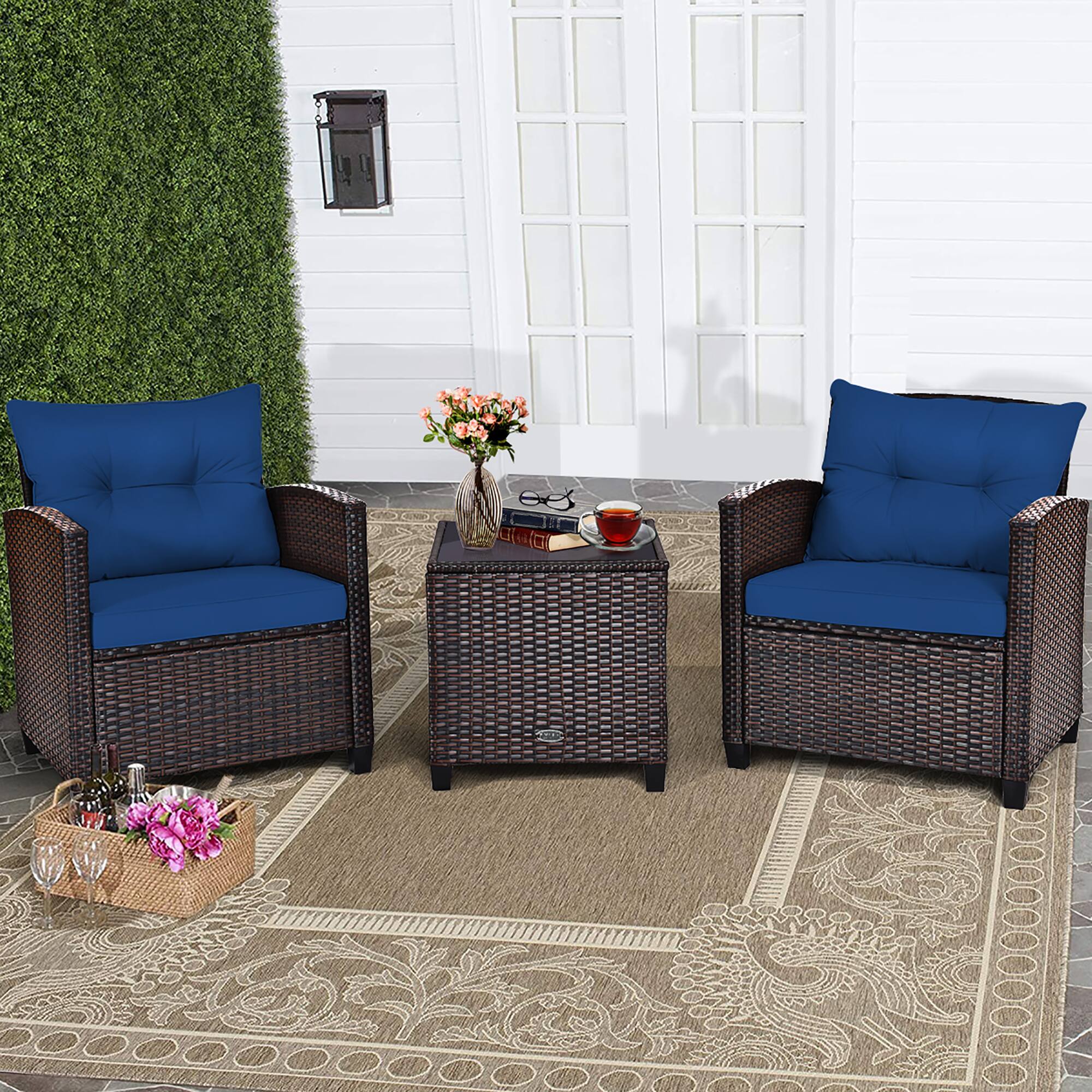Alt View 1. Costway - 3PCS Patio Rattan Furniture Set Cushioned Conversation Set Coffee Table - Navy.