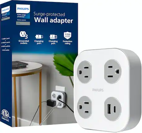 The image features a white surge-protected wall adapter by Philips. The adapter has a USB-C port and two USB-A ports, making it a versatile and convenient device for charging and powering various devices. The adapter is designed to provide surge protection, ensuring the safety of the connected devices. The image also shows a box containing the adapter, which likely provides additional information and instructions for its use.