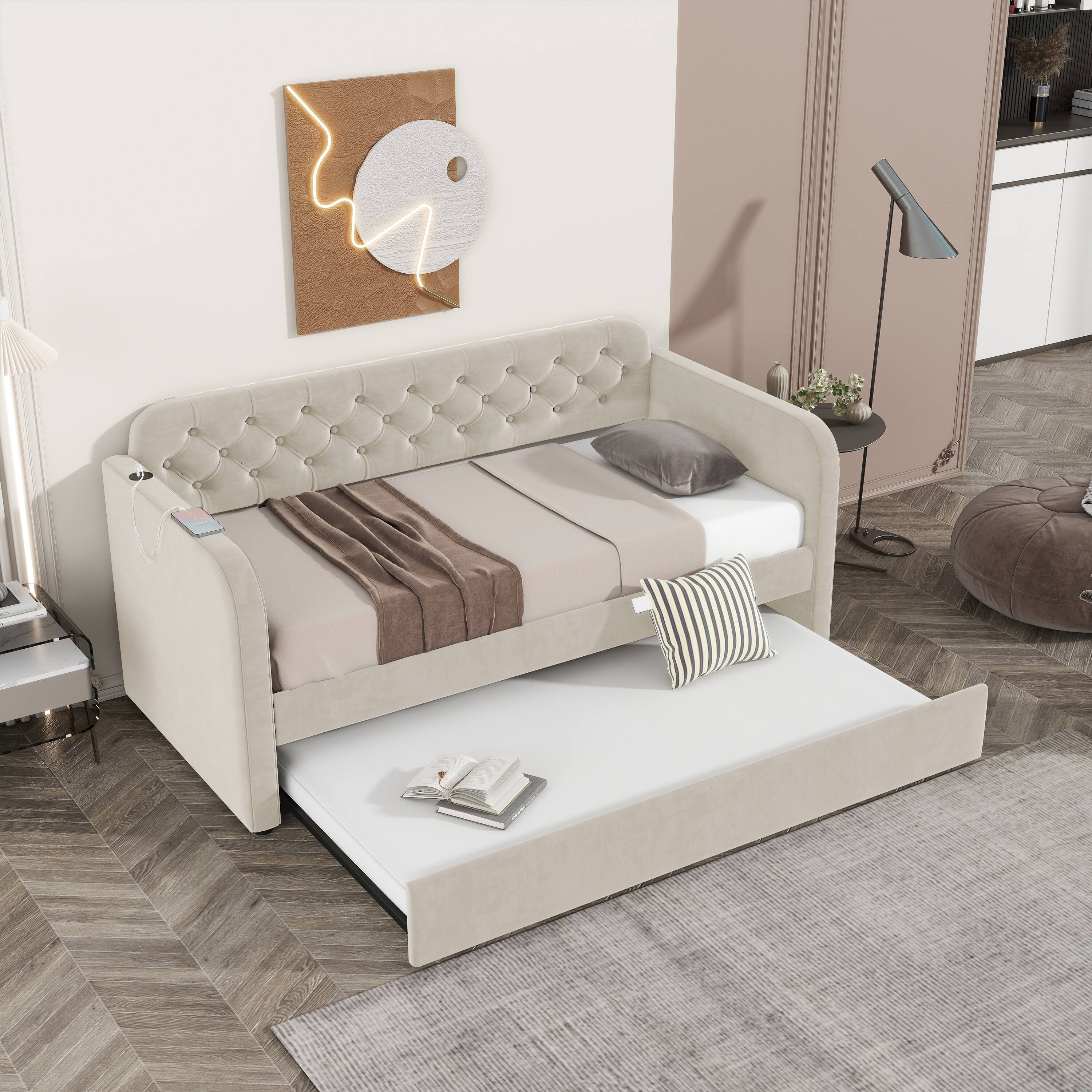 Angle. Trinkets Crazed - Twin Size Upholstered Daybed with Trundle and USB Charging Design, Velvet Upholstered Daybed Frame, Twin Sofa Bed - Beige.