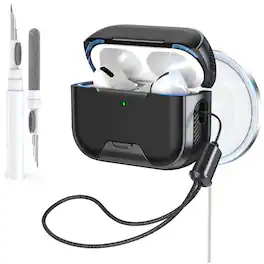 Dteck - Rugged Protective Case for AirPods Pro 2nd Gen Shockproof Magnetic Lock Cover with Phone Stand + Lanyard + Cleaning Pen - Titanium