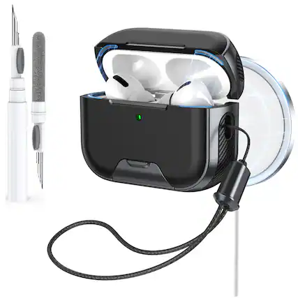 Front. Dteck - Rugged Protective Case for AirPods Pro 2nd Gen Shockproof Magnetic Lock Cover with Phone Stand + Lanyard + Cleaning Pen - Titanium.