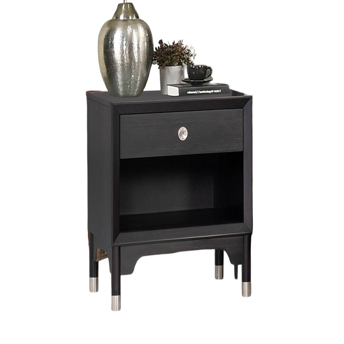 Angle. Loheer - Loheer Black Mid Century Modern Nightstand with USB-A and USB-C Charging Ports - Black.