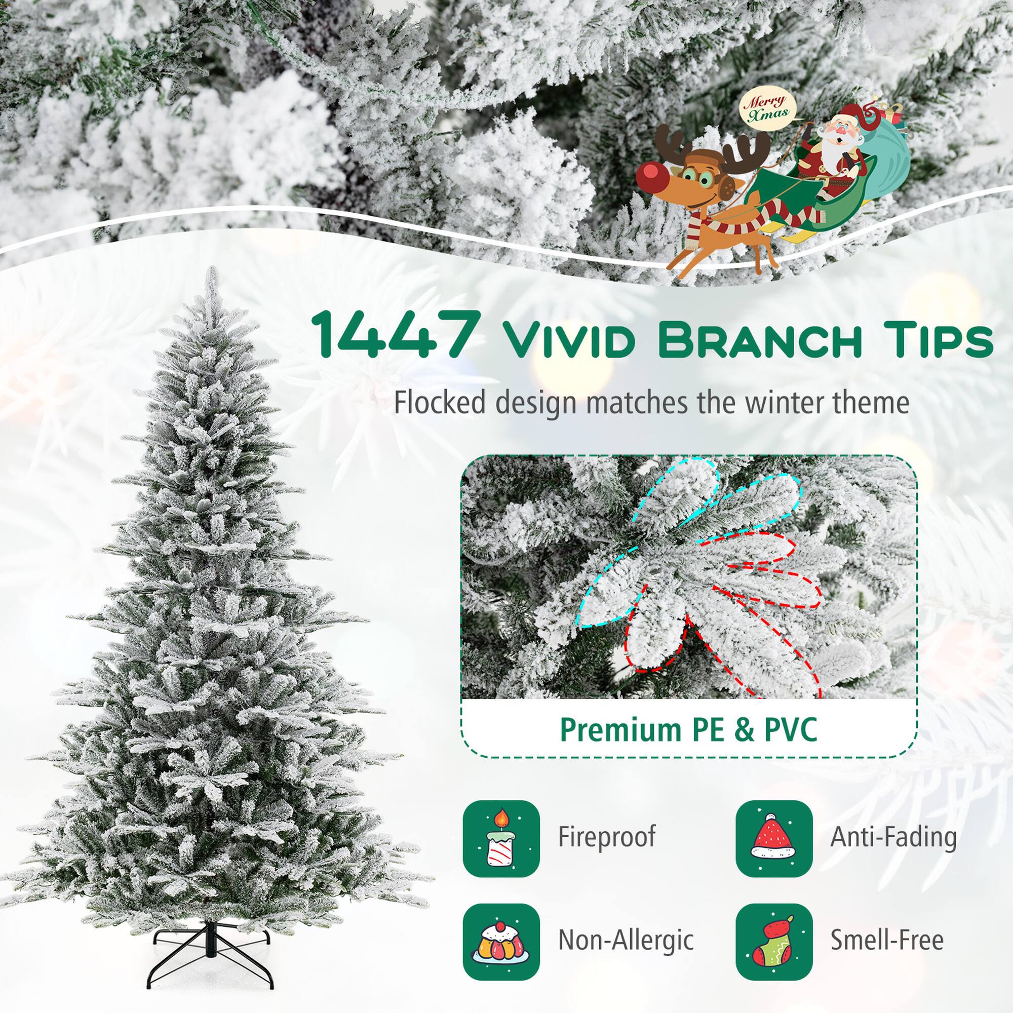 1447 VIVID BRANCH TIPS, Flocked design matches the winter theme, Premium PE & PVC, Fireproof, Anti-Fading, Non-Allergic, Smell-Free