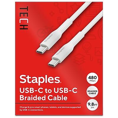TECH Staples  
USB-C to USB-C Braided Cable  
Charge & sync smartphones, tablets, and devices supported by USB-C connections.  

480 Mbps  
BRAIDED CABLE  
9.8FT (3M)