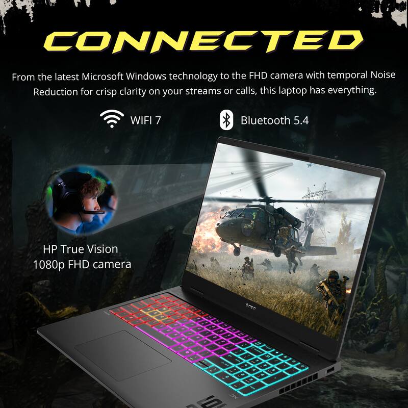 CONNECTED

From the latest Microsoft Windows technology to the FHD camera with temporal Noise Reduction for crisp clarity on your streams or calls, this laptop has everything.

- WIFI 7
- Bluetooth 5.4
- HP True Vision 1080p FHD camera