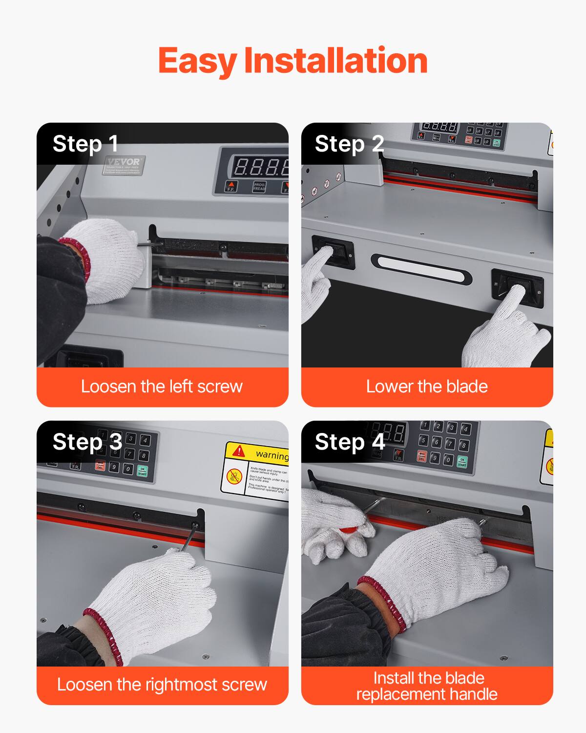 Easy Installation

Step 1
Loosen the left screw

Step 2
Lower the blade

Step 3
Loosen the rightmost screw

Step 4
Install the blade replacement handle
