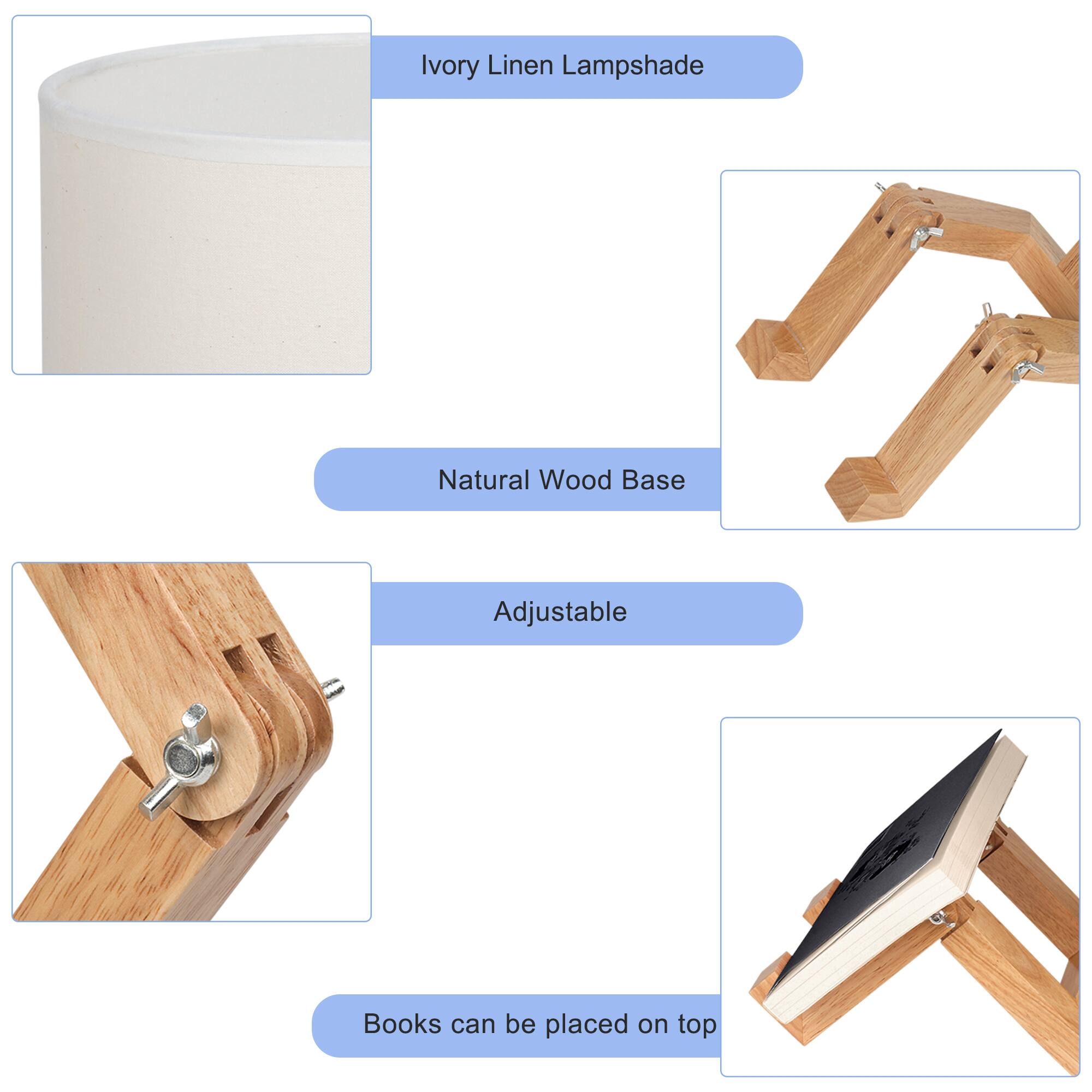 - Ivory Linen Lampshade
- Natural Wood Base
- Adjustable
- Books can be placed on top