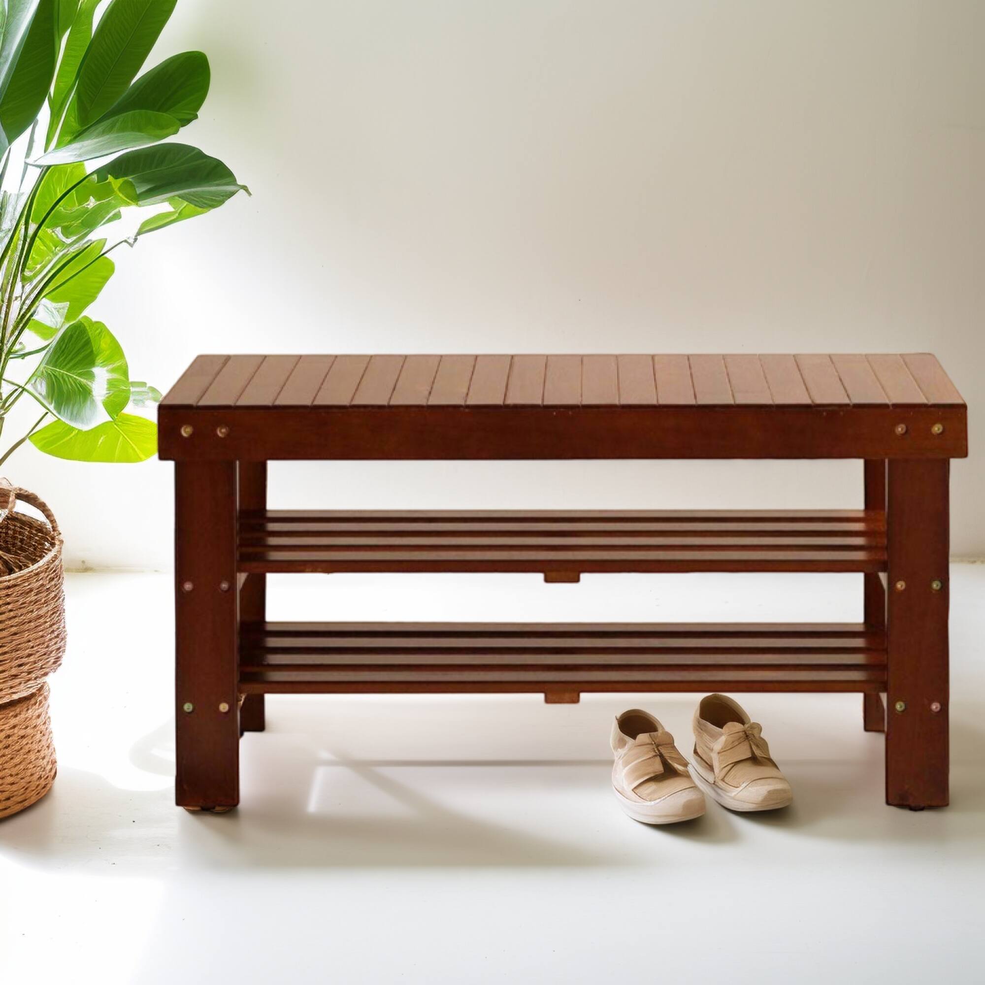 Front. GOODSILO - Solid Wood Shoe Bench with Storage Shelf, Durable Entryway Furniture for Organizing Footwear - Cherry.