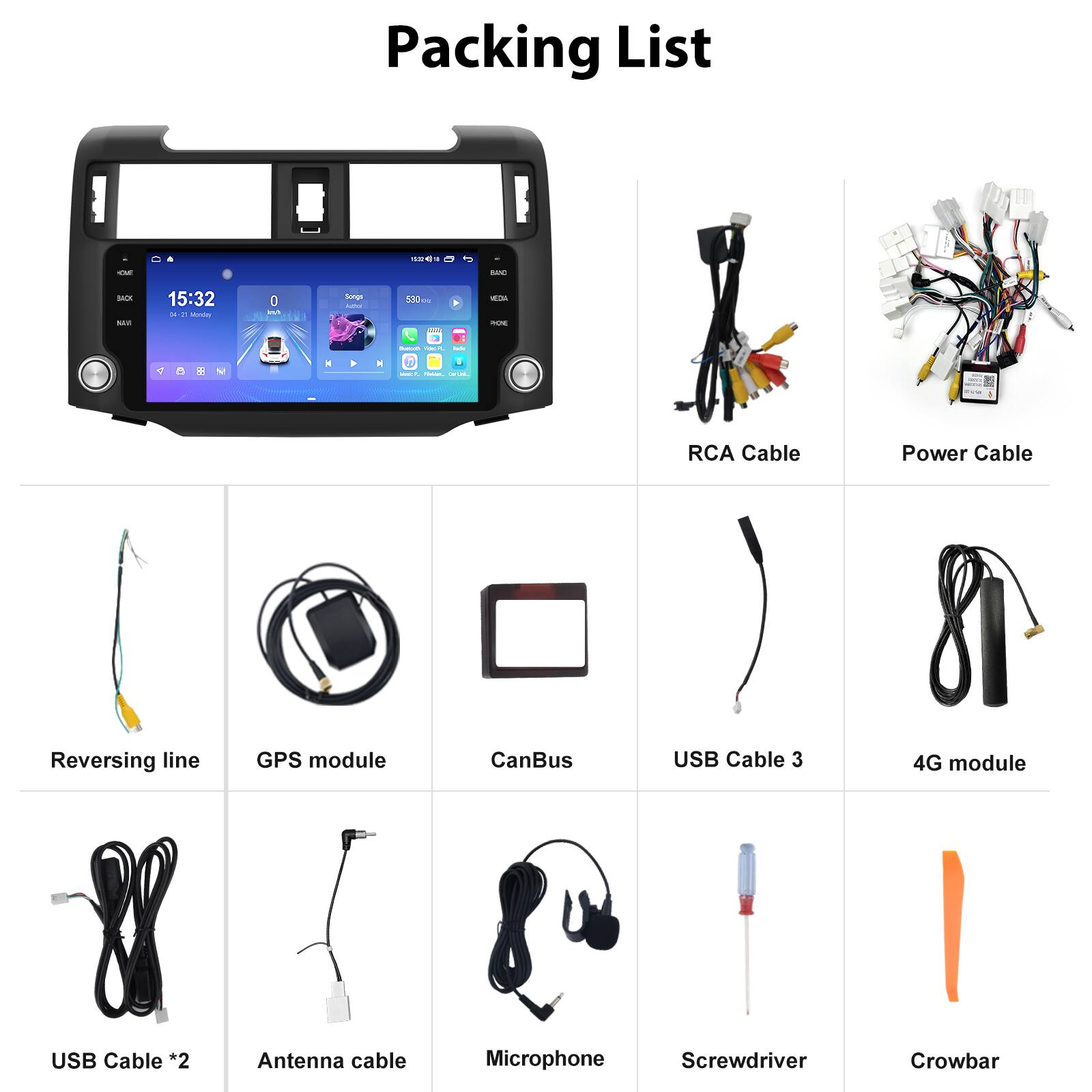 Packing List

- RCA Cable
- Power Cable
- Reversing line
- GPS module
- CanBus
- USB Cable *2
- Antenna cable
- Microphone
- Screwdriver
- Crowbar
- USB Cable 3
- 4G module