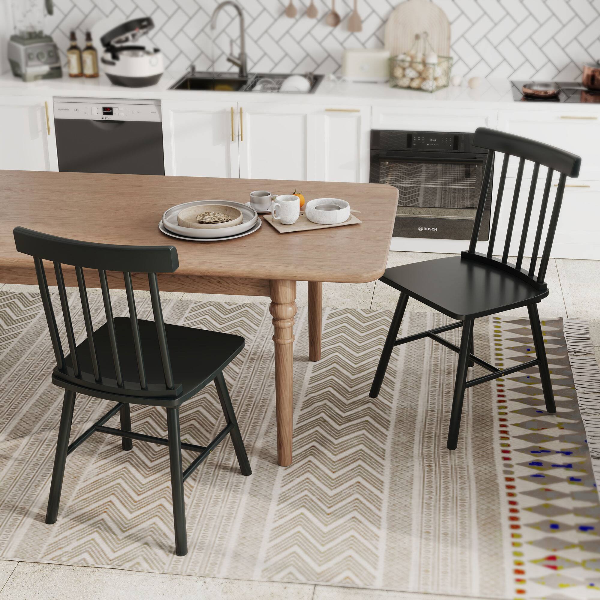 Alt View 7. Homcom - Windsor Dining Chairs Set of 2, Farmhouse Wooden Kitchen Chairs with Spindle Backrest for Dining Room, Living Room - Black.