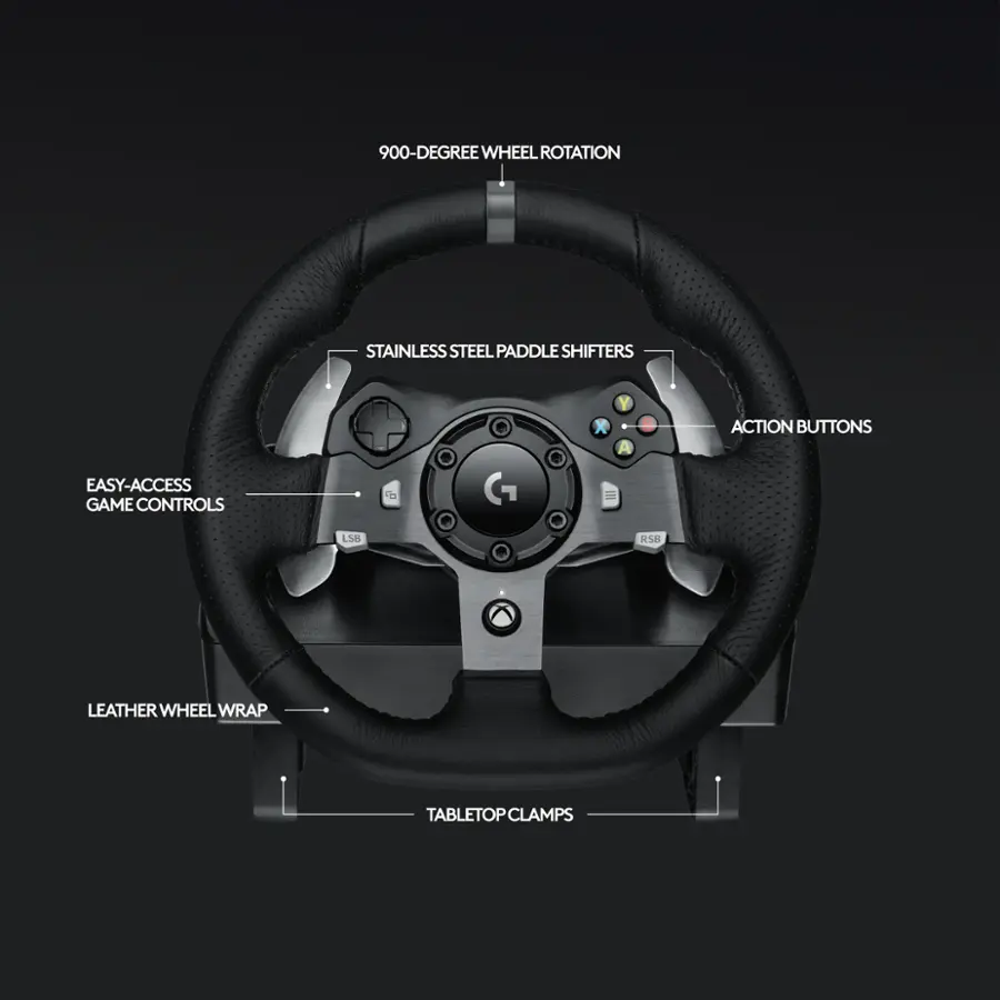 The text on the image is grouped and corrected as follows:

900-DEGREE WHEEL ROTATION
STAINLESS PADDLE SHIFTERS
EASY-ACCESS GAME CONTROLS
G X A ACTION BUTTONS
LSB Ka LEATHER WHEEL WRAP
TABLETOP CLAMPS