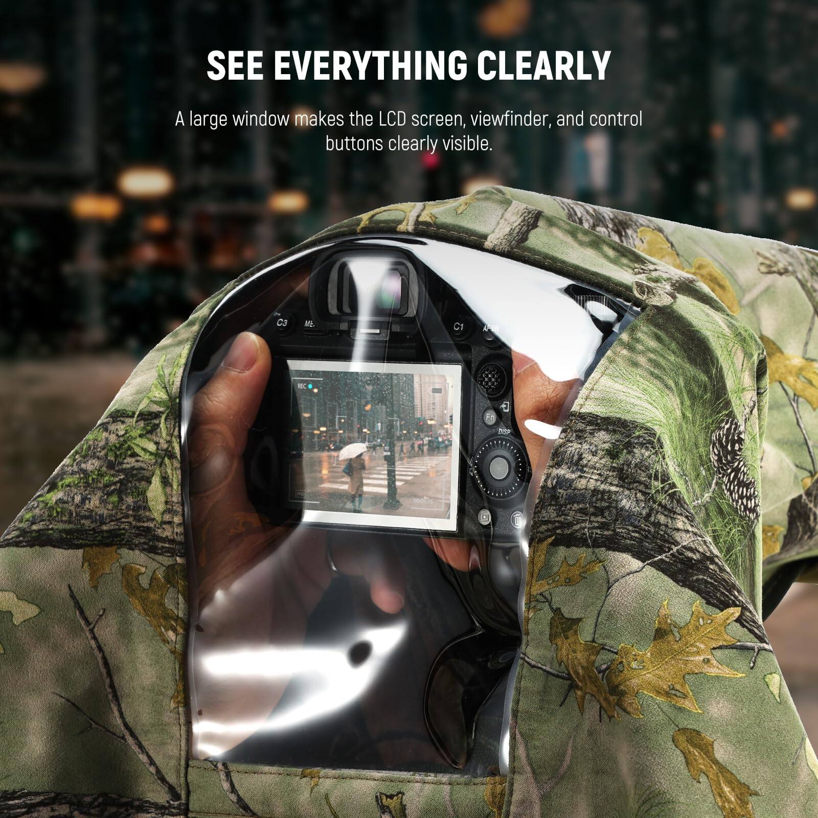 SEE EVERYTHING CLEARLY

A large window makes the LCD screen, viewfinder, and control buttons clearly visible.