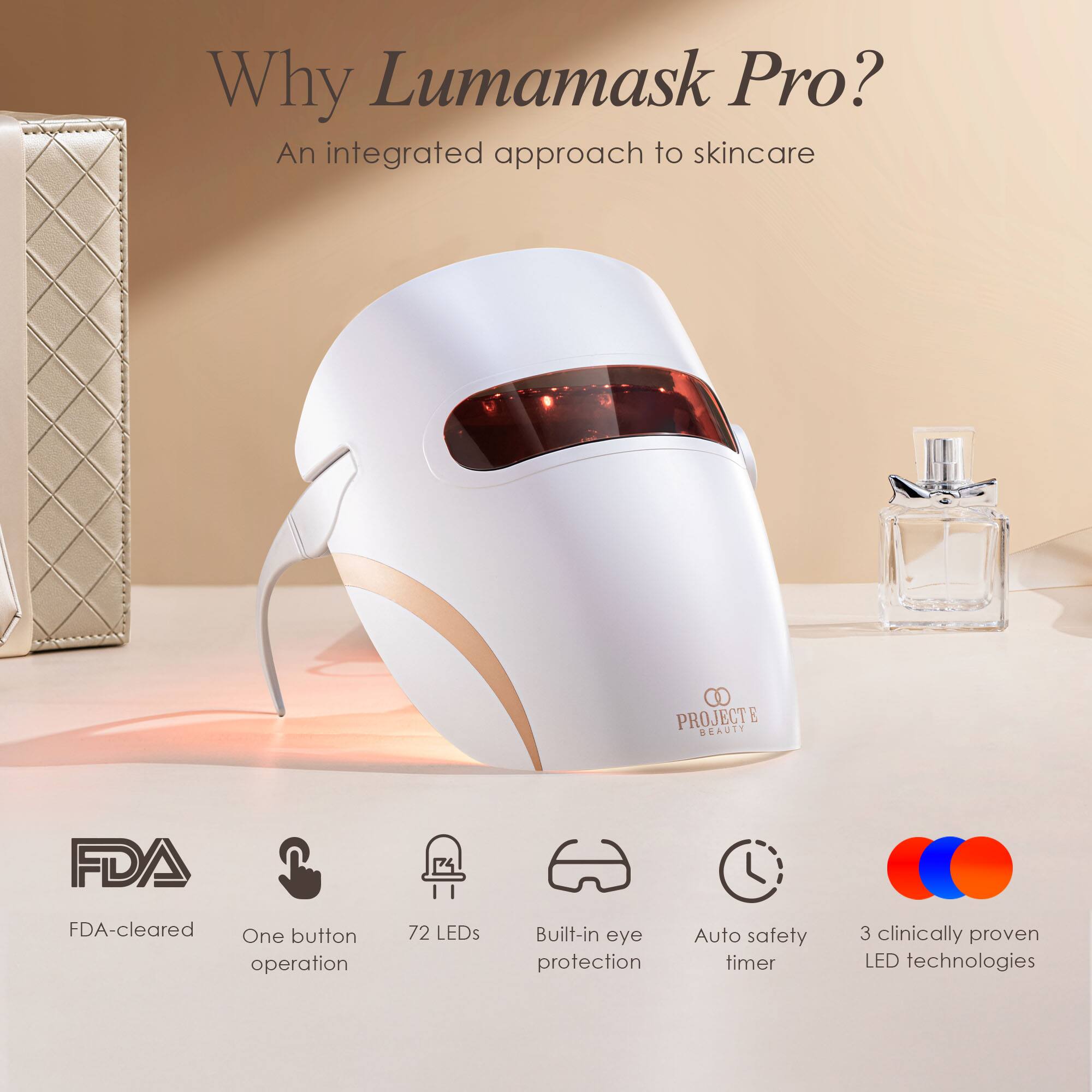 Why Lumamask Pro?  
An integrated approach to skincare

PROJECT BEAUTY

- FDA-cleared
- One button operation
- 72 LEDs
- Built-in eye protection
- Auto safety timer
- 3 clinically proven LED technologies