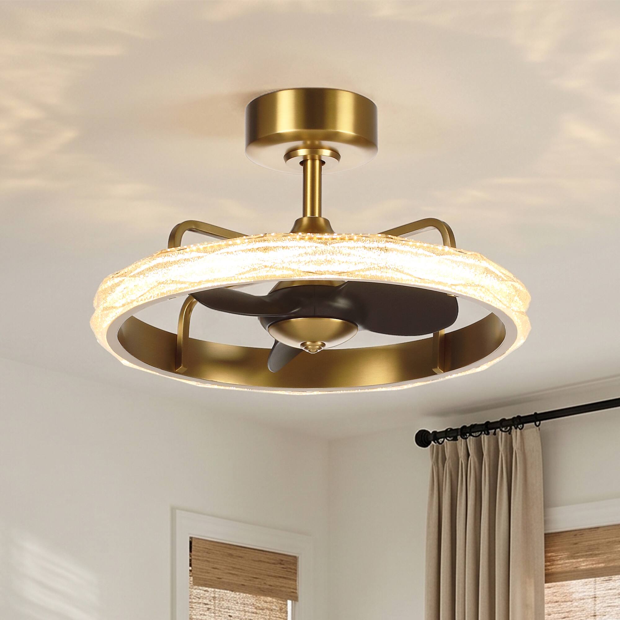 Alt View 1. Parrot Uncle - 24 Inch Gold Acrylic LED Ceiling Fan  Dimmable Caged Chandelier Bladeless Fan with Remote and 6 Speed DC Motor - Gold.