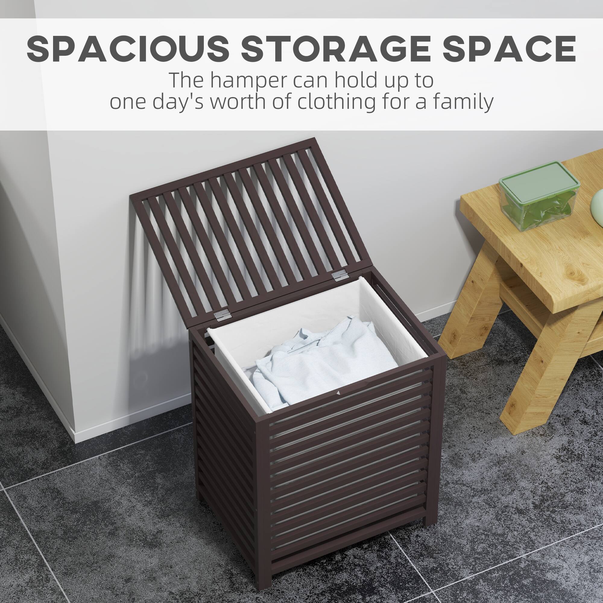 SPACIOUS STORAGE SPACE

The hamper can hold up to one day's worth of clothing for a family