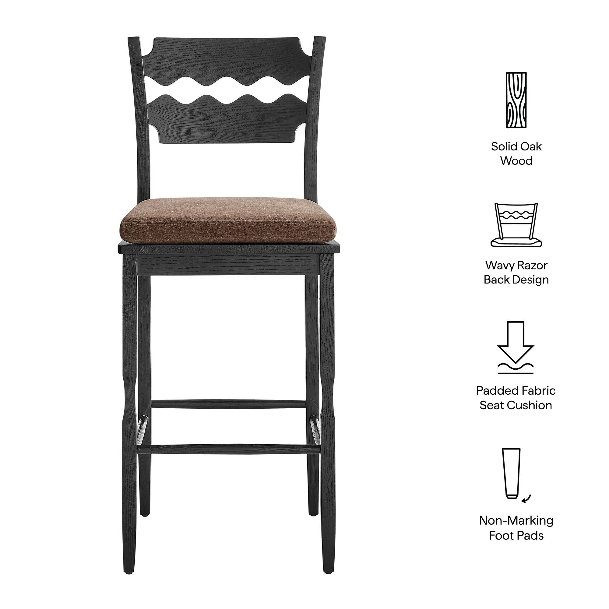Solid Oak Wood Wavy Razor Back Design Padded Fabric Seat Cushion Non-Marking Foot Pads