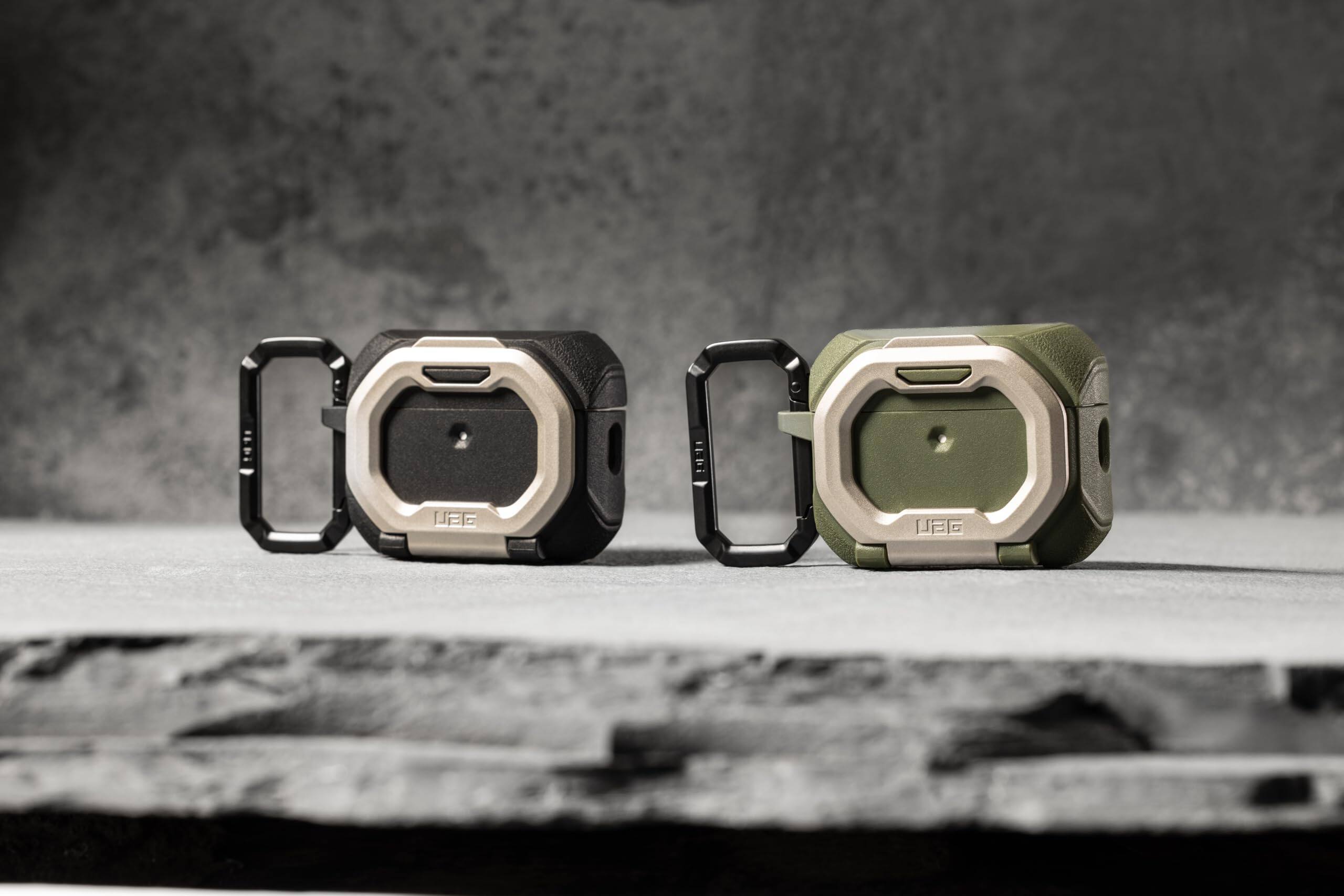 Alt View 3. UAG - AirPods Pro 3rd Gen Case w/ Built-in Phone Stand & Detachable Carabiner Clip, Rugged Protective Cover, Monarch - Olive Drab/Silver.