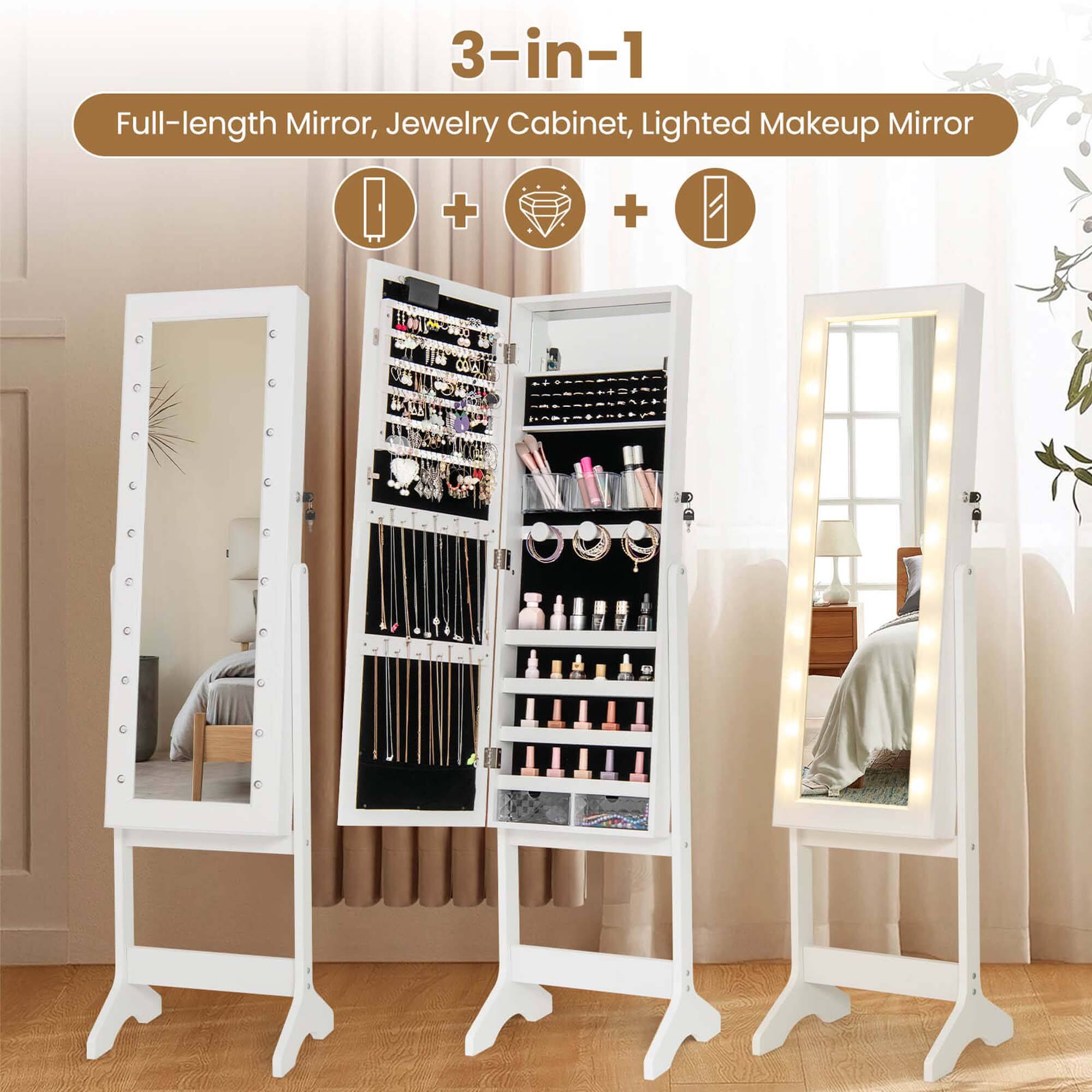 3-in-1  
Full-length Mirror, Jewelry Cabinet, Lighted Makeup Mirror