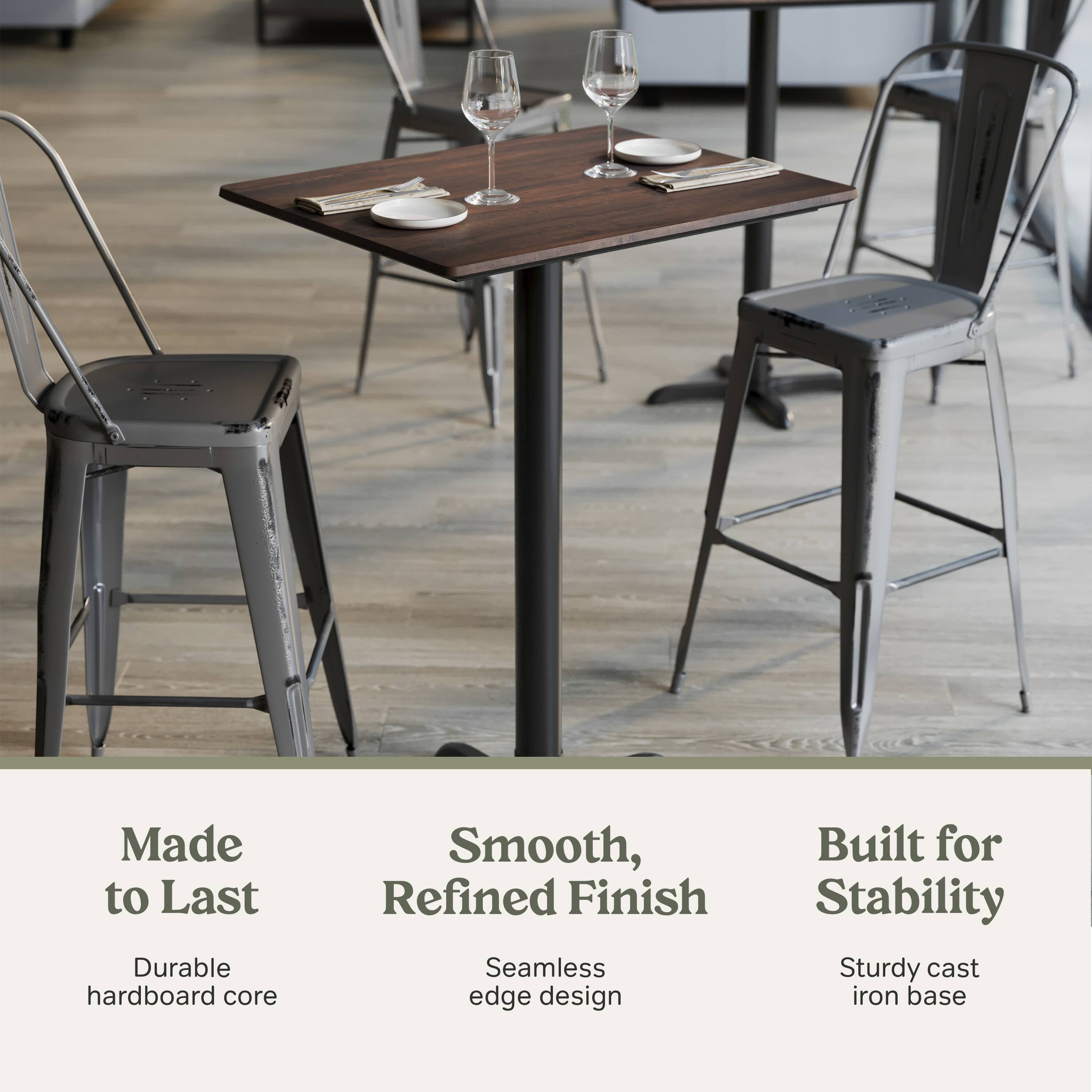 Made to Last  
Durable hardboard core

Smooth, Refined Finish  
Seamless edge design

Built for Stability  
Sturdy cast iron base