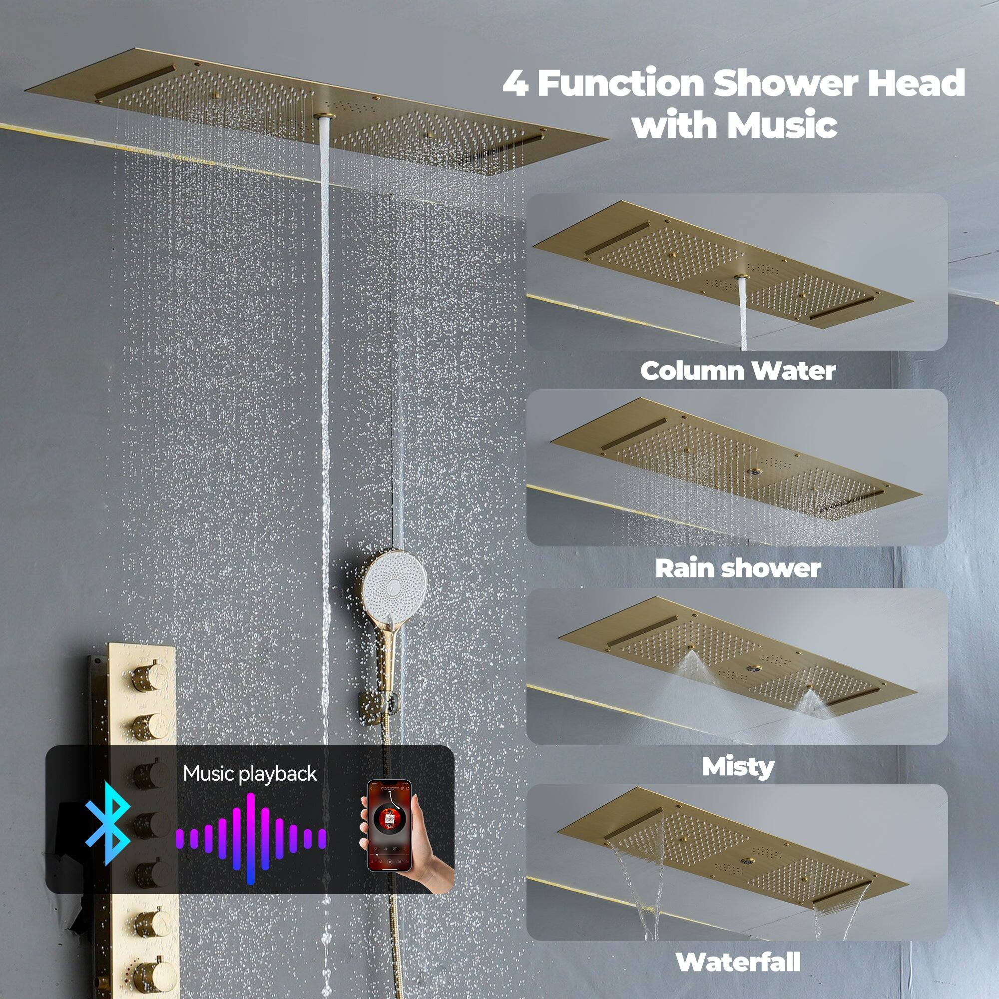 4 Function Shower Head with Music, Column Water, Rain shower, Music playback, Misty, Waterfall