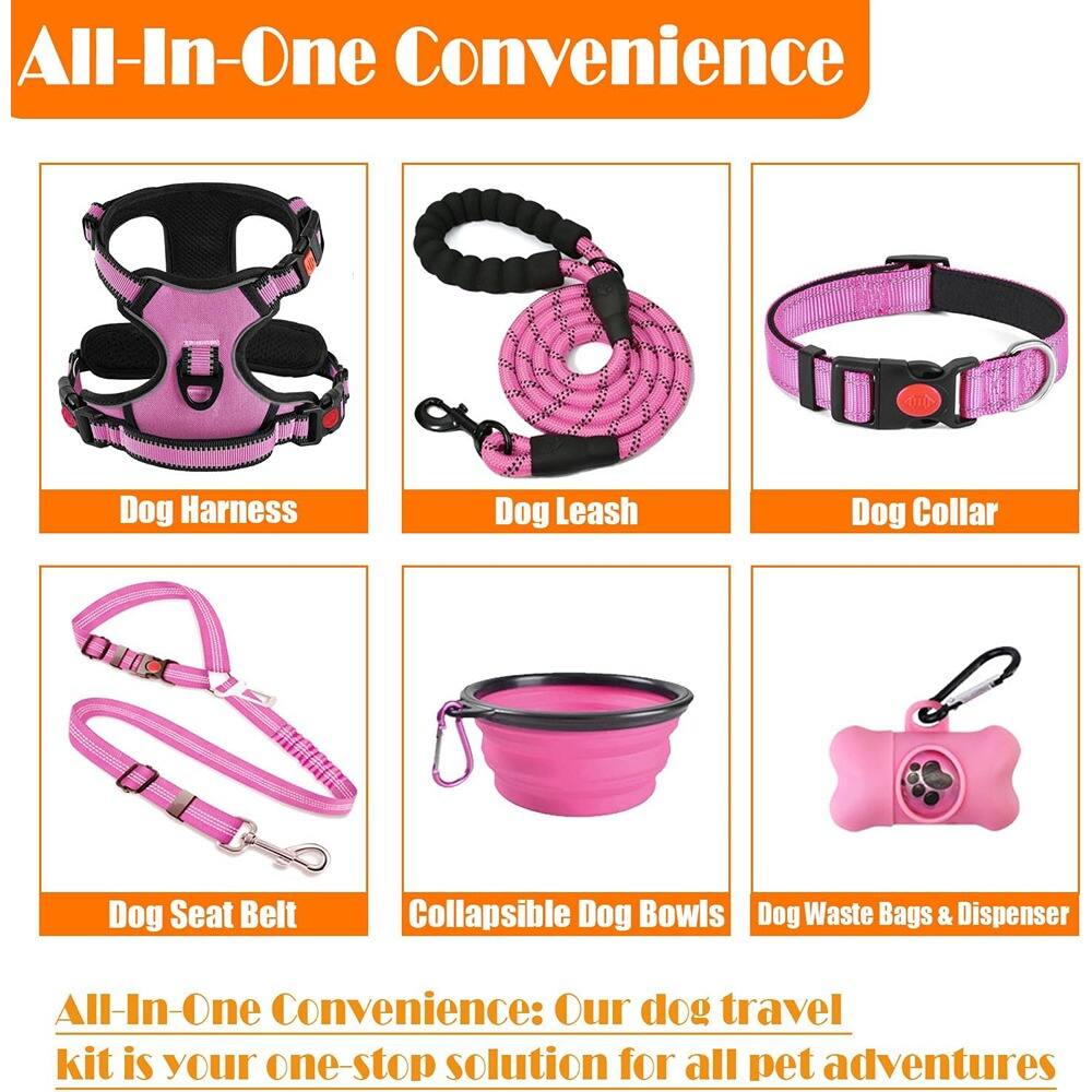 All-In-One Convenience

Dog Harness  
Dog Leash  
Dog Collar  
Dog Seat Belt  
Collapsible Dog Bowls  
Dog Waste Bags & Dispenser  

All-In-One Convenience: Our dog travel kit is your one-stop solution for all pet adventures