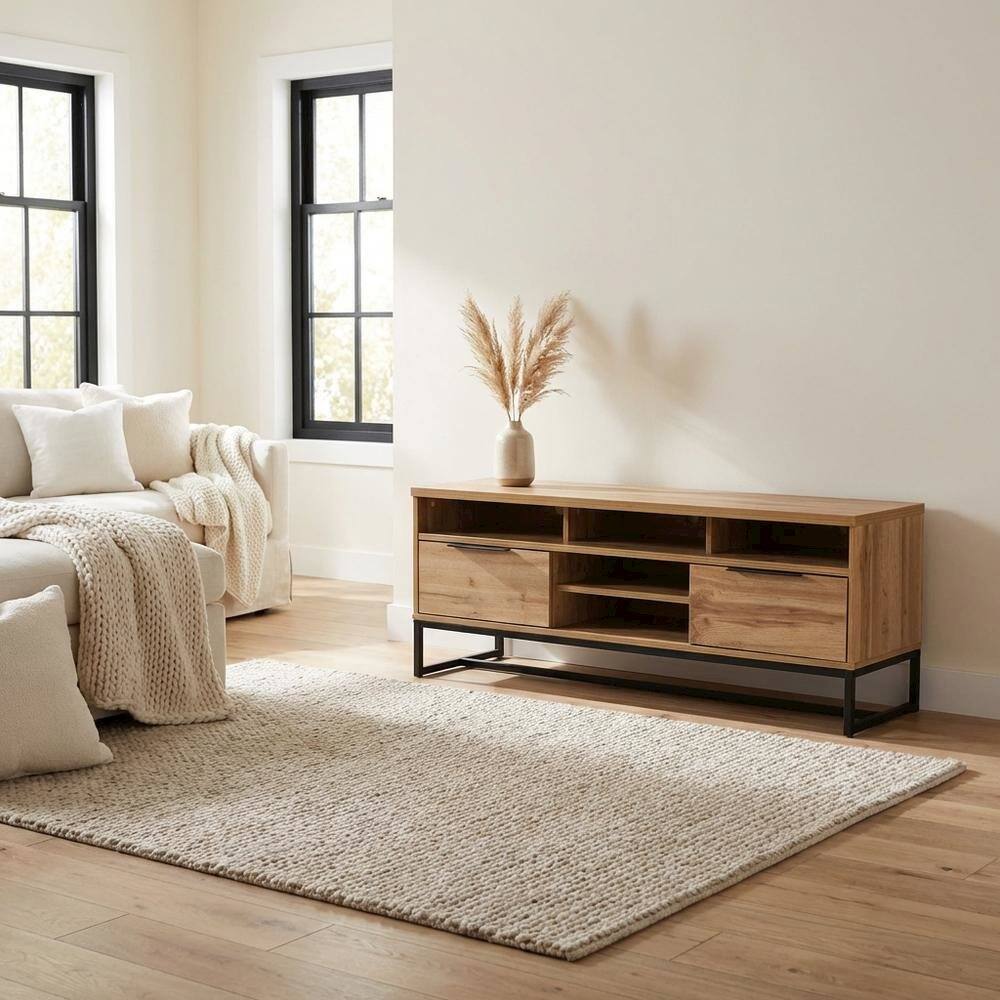 Alt View 2. FurniFact - Black Wood and Metal TV Stand with Contemporary Design and 2 Drawers - Brown.