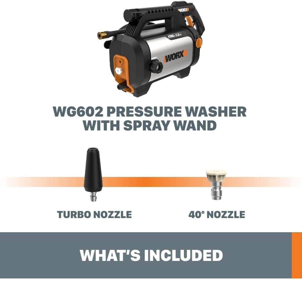 The text on the image is grouped and corrected as follows:
"WORX WG602 PRESSURE WASHER WITH SPRAY WAND TURBO NOZZLE 40 NOZZLE WHAT'S INCLUDED"