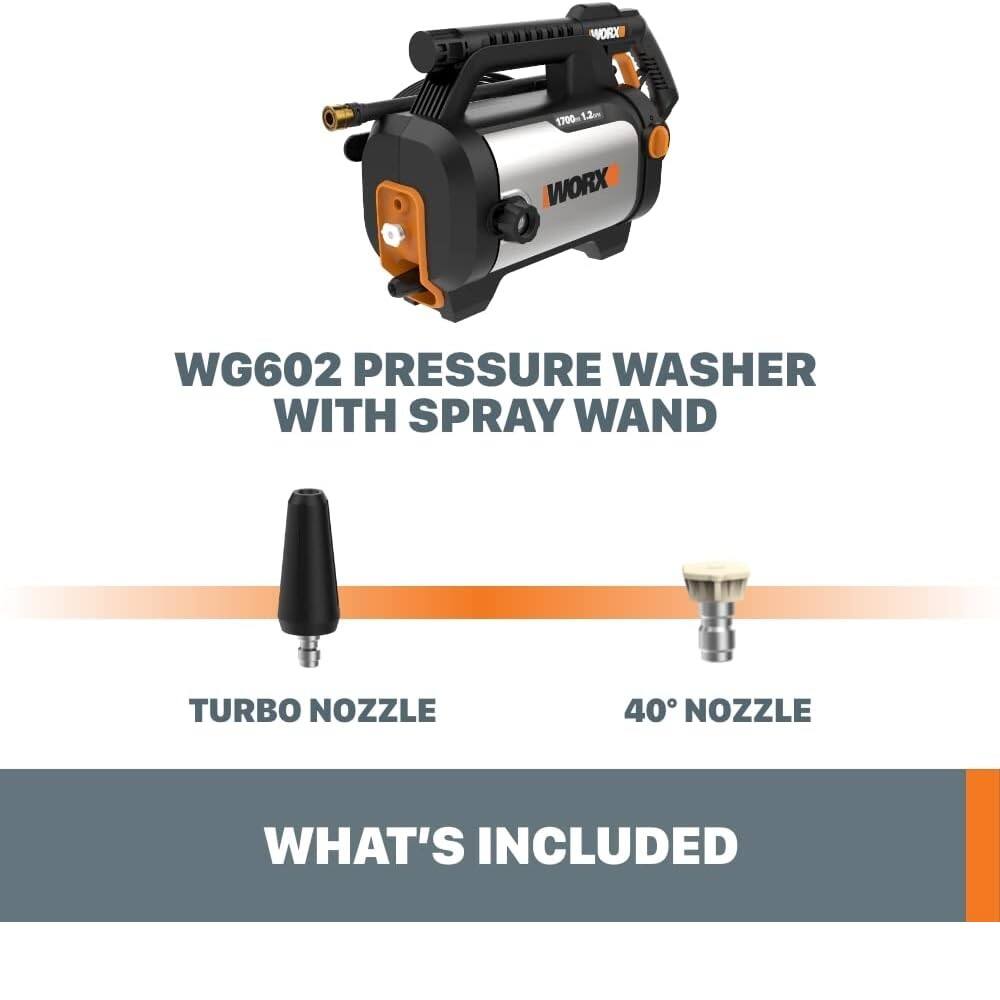 The text on the image is grouped and corrected as follows:

"WORX WG602 PRESSURE WASHER WITH SPRAY WAND TURBO NOZZLE 40 NOZZLE WHAT'S INCLUDED"