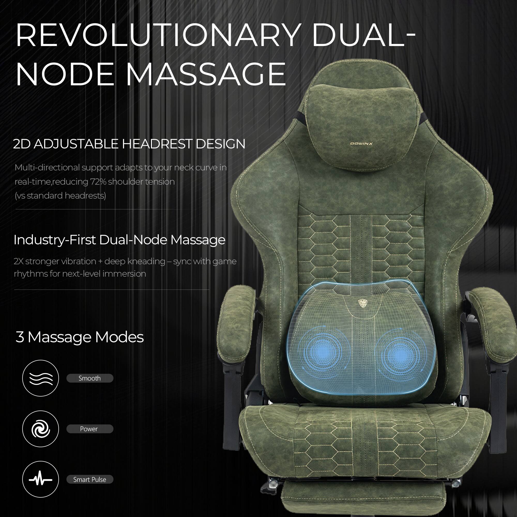 **REVOLUTIONARY DUAL-NODE MASSAGE**

**2D ADJUSTABLE HEADREST DESIGN**  
Multi-directional support adapts to your neck curve in real-time, reducing 72% shoulder tension (vs standard headrests)

**Industry-First Dual-Node Massage**  
2X stronger vibration + deep kneading - sync with game rhythms for next-level immersion

**3 Massage Modes**  
- Smooth  
- Power  
- Smart Pulse