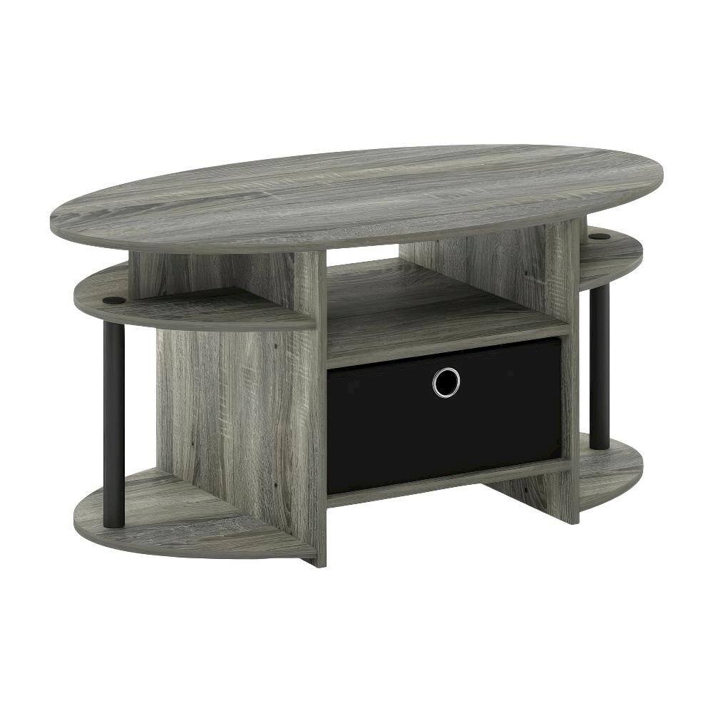 Front. FurniFact - Oval Coffee Table French Oak Grey and Black with Simple Design and Sturdy Frame - French Oak Grey/Black/Black.