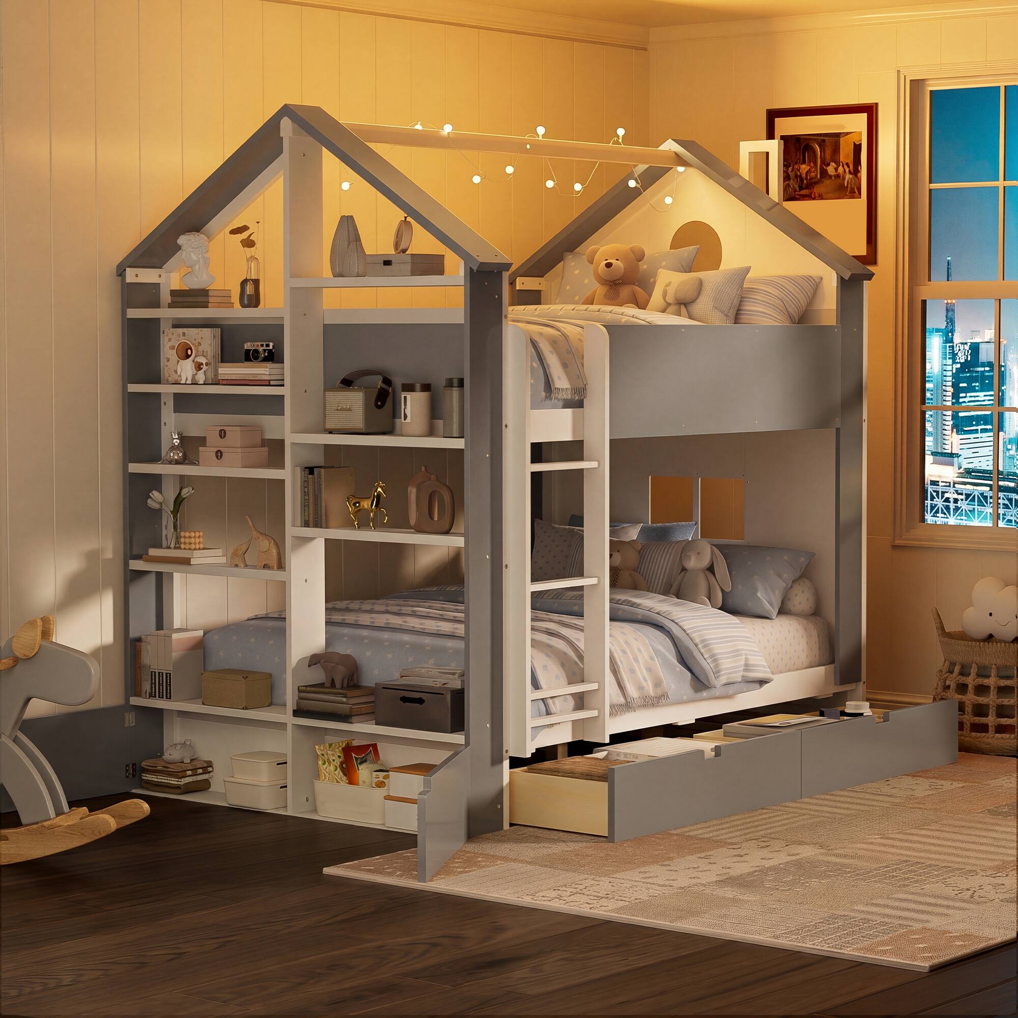 Angle. Anysun - Full Size Bunk Bed with Storage Drawers & Shelves, Two-Tone Wood, Light Strip, Space-Saving Bedroom Furniture - Grey.