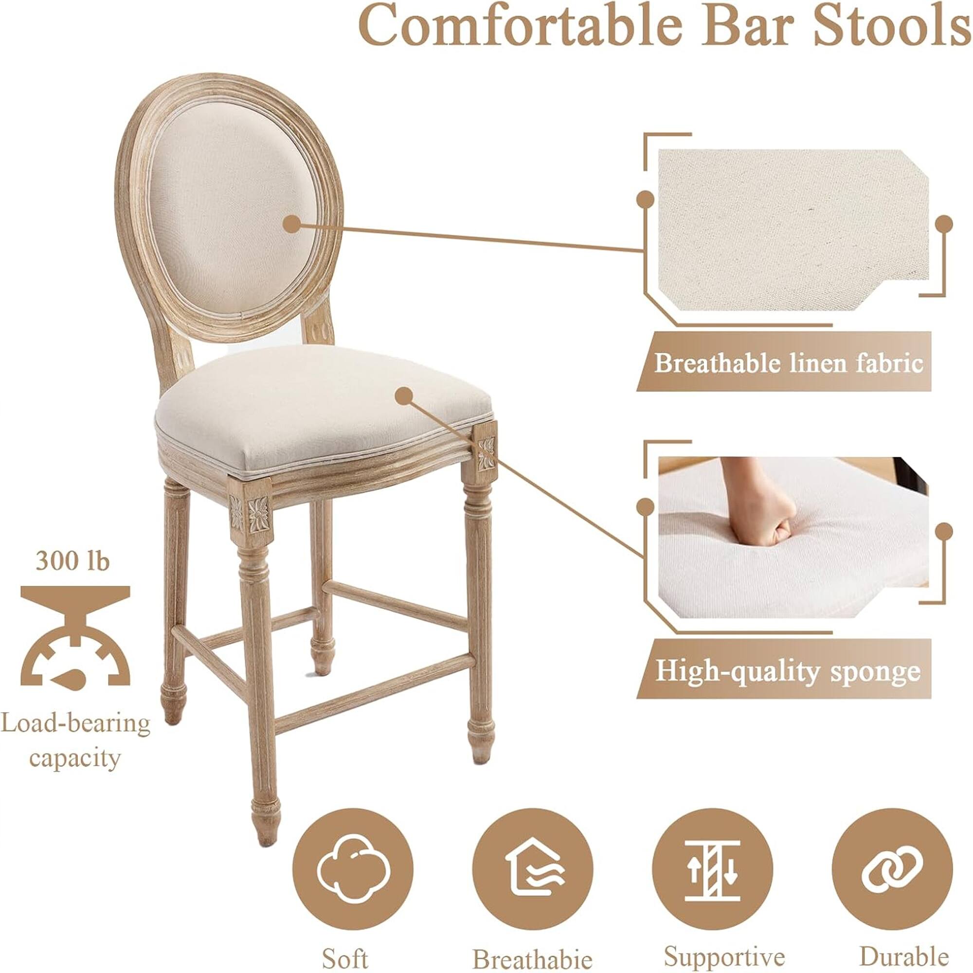 Comfortable Bar Stools

- Breathable linen fabric
- High-quality sponge
- 300 lb Load-bearing capacity
- Soft
- Breathable
- Supportive
- Durable