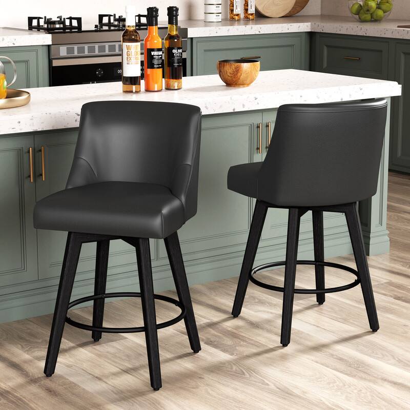 Vipbear - 26" H Seat Height Swivel Barstools Set of 2, Fabric Upholstered Modern Counter Stools with Back, Solid Wood Legs - Black