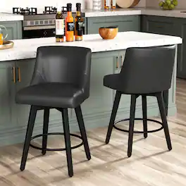 Vipbear - 26" H Seat Height Swivel Barstools Set of 2, Fabric Upholstered Modern Counter Stools with Back, Solid Wood Legs - Black