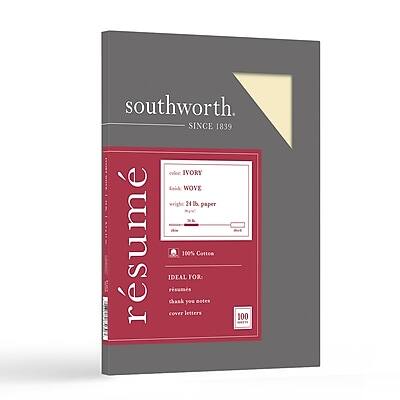 southworth  
SINCE 1839  

resume  
eaioc IVORY  
Wove  
2 lb. paper  

100% Cotton  

IDEAL FOR:  
resumes  
thank you notes  
cover letters  

100
