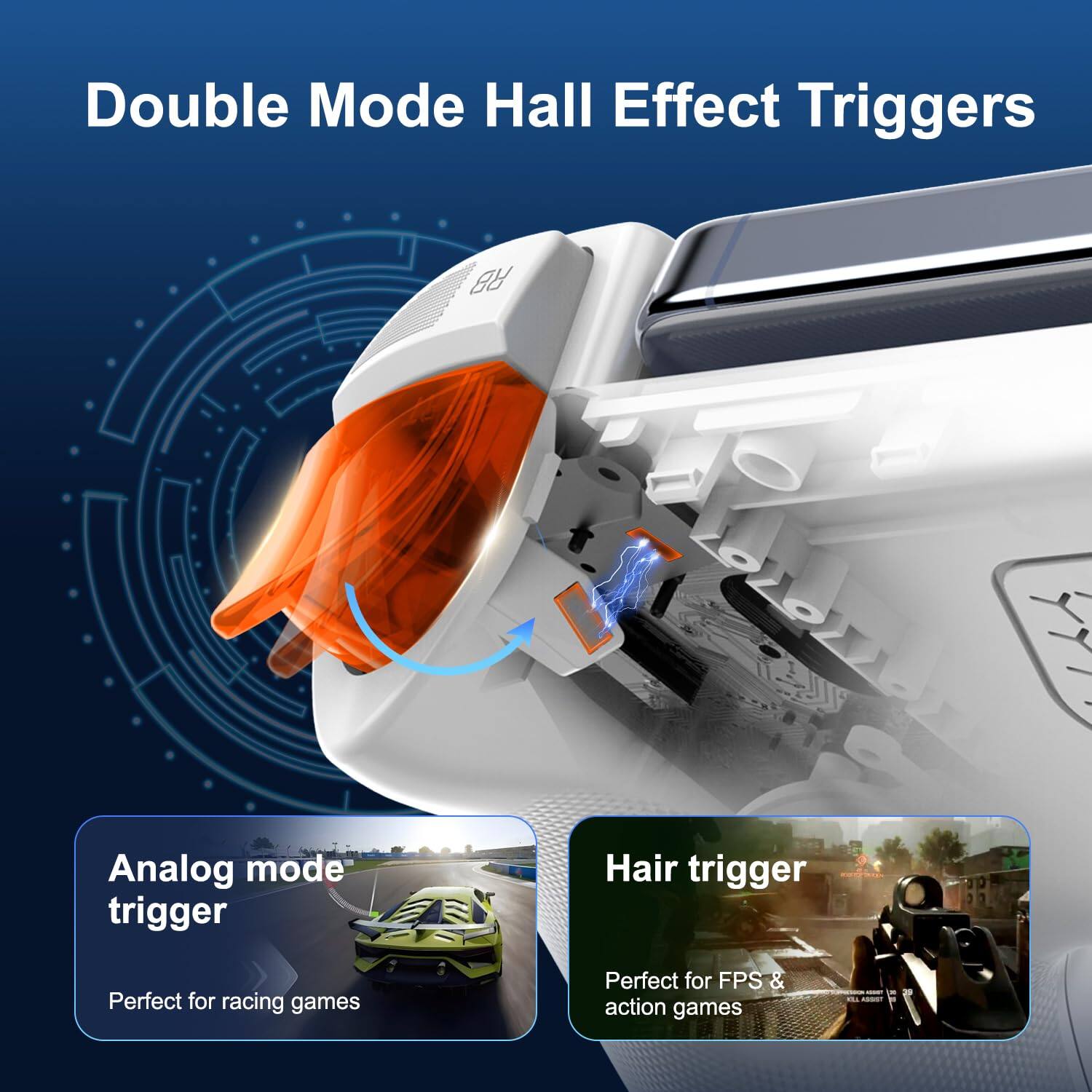 Double Mode Hall Effect Triggers

Analog mode trigger
Perfect for racing games

Hair trigger
Perfect for FPS & action games