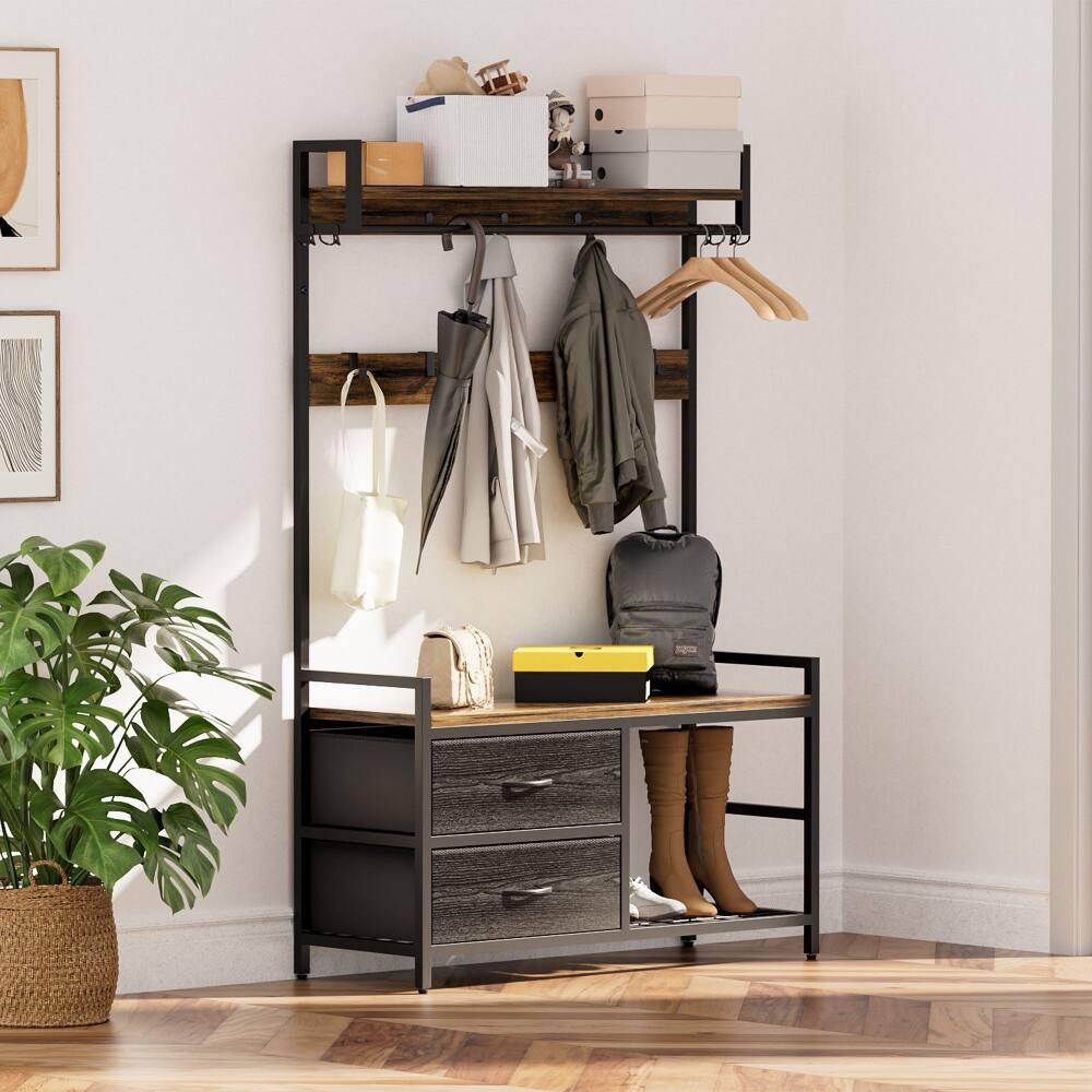 Front. Loheer - Loheer 33.1 inch wide hall tree, entryway bench with shoe storage and garment racks - Rustic Brown.