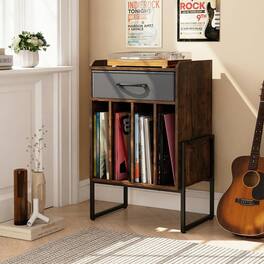 Ecooso - Record Player Stand with Drawer and Vinyl Record Holder, Turntable Storage Cabinet - Rustic Brown + Gray