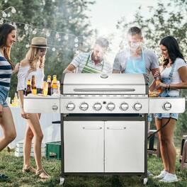 U-HOMY - 6-Burner Liquid Propane Gas Grill – 58K BTU, Stainless Steel with Side Table & Cabinet
