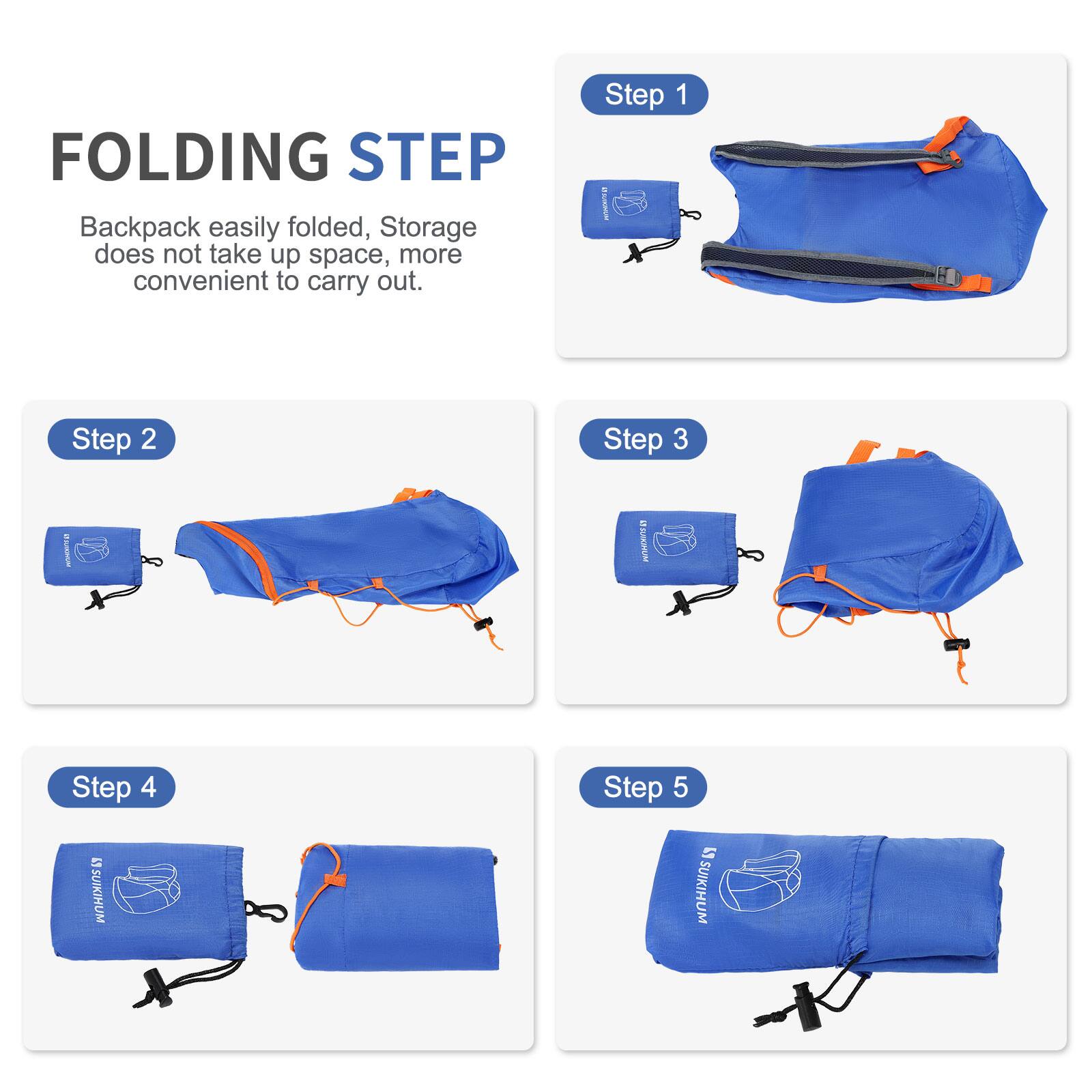 FOLDING STEP

Backpack easily folded, Storage does not take up space, more convenient to carry out.

Step 1

Step 2

Step 3

Step 4

Step 5