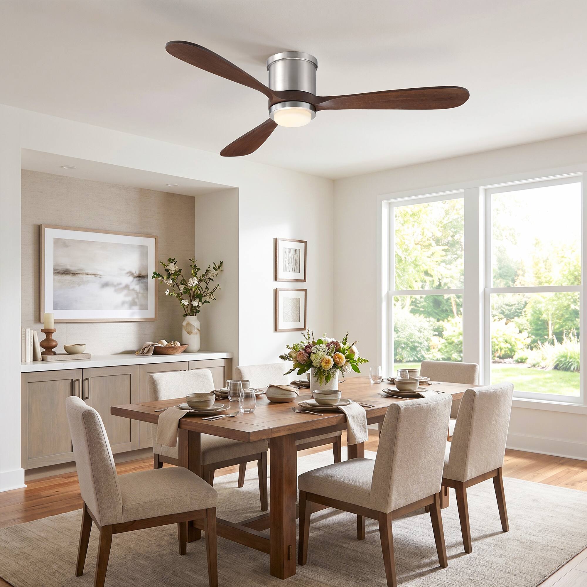 Left. Parrot Uncle - 52" Modern 3 Solid Wood Blade Flush Mount Ceiling Fan with LED Light and Remote - Satin Nickel.
