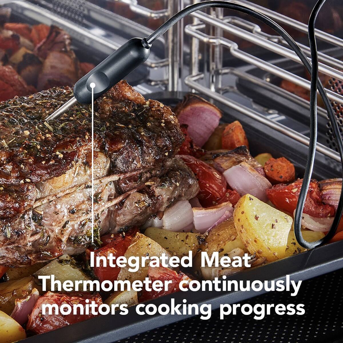 Integrated Meat Thermometer continuously monitors cooking progress